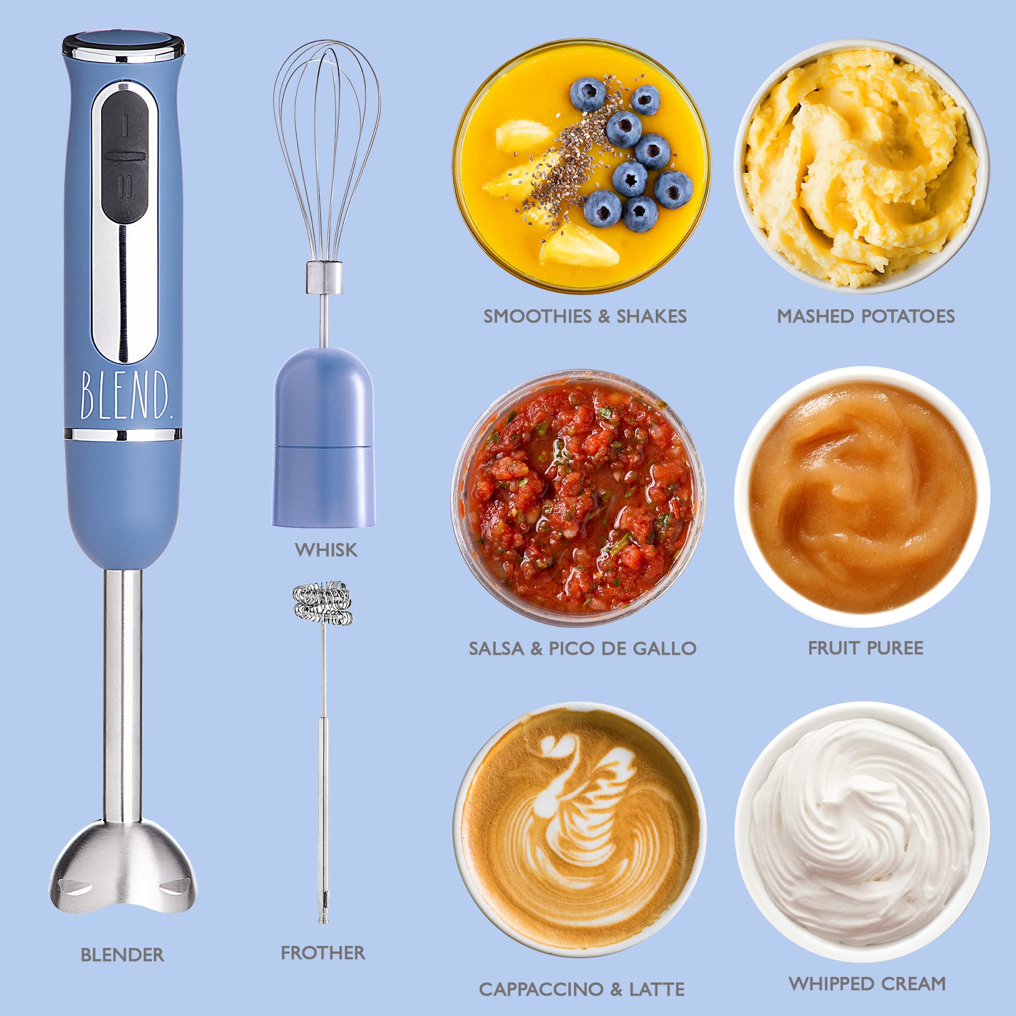 Rae Dunn Immersion Hand Blender - 500W 2-Speed Handheld Blender with Stainless Steel Blade, Includes Egg Whisk & Milk Frother Attachments (Navy Blue) - Perfect for Smoothies, Soups, Sauces & Whipping Cream at Home