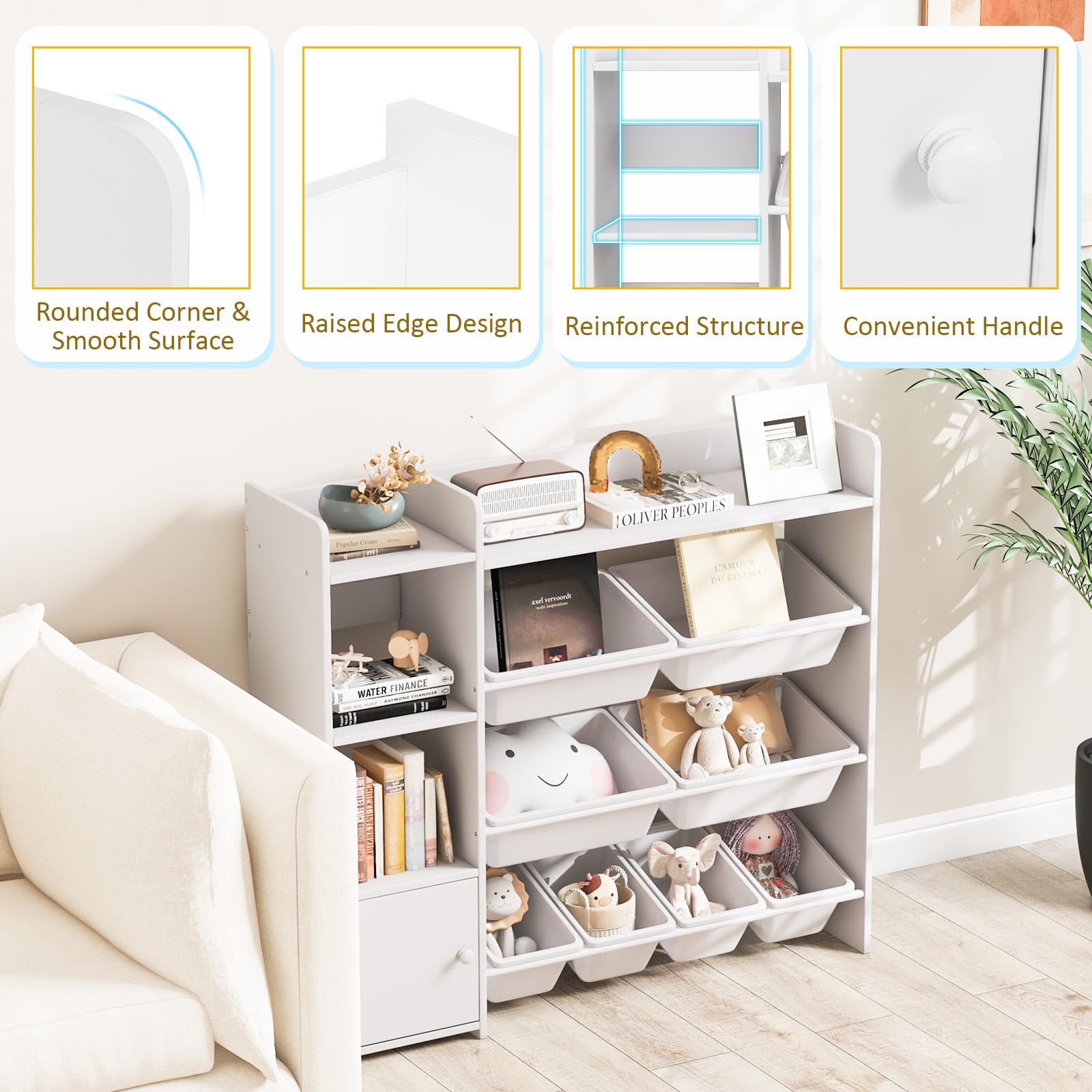 Costzon 4-Tier Kids Bookshelf & Toy Storage Organizer with 8 Bins & Cabinet Door - White | Space-Saving Toy Rack for Playroom, Nursery, Daycare & Kids Bedroom Organization