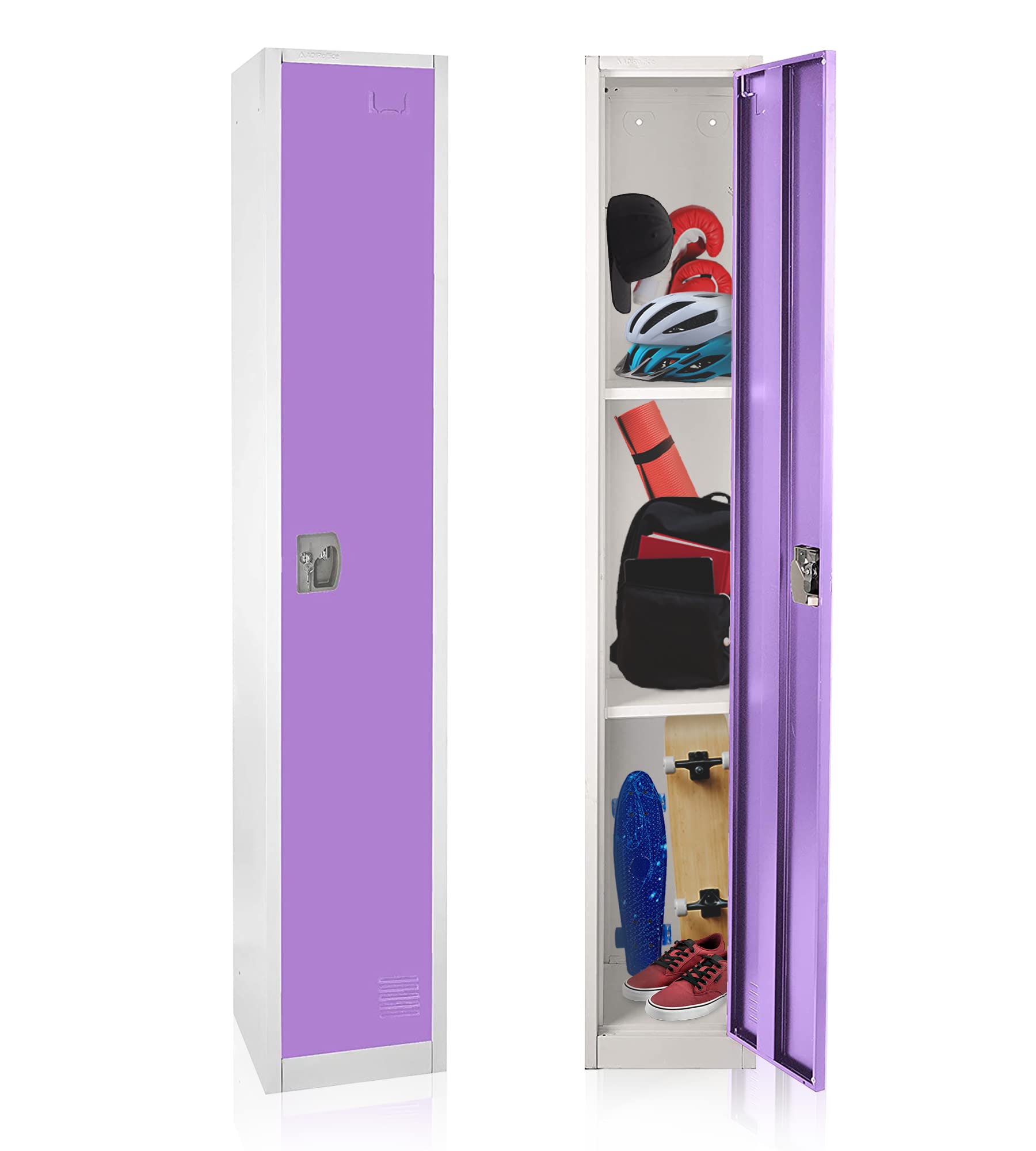 AdirOffice Large Steel Metal Storage School Locker - Free Standing Single Tier Organizer with Secure Lock | Colorful Spacious Cabinet for Classroom, Gym, Office & Home (Purple) | Perfect for Books, Sports Gear & Work Supplies