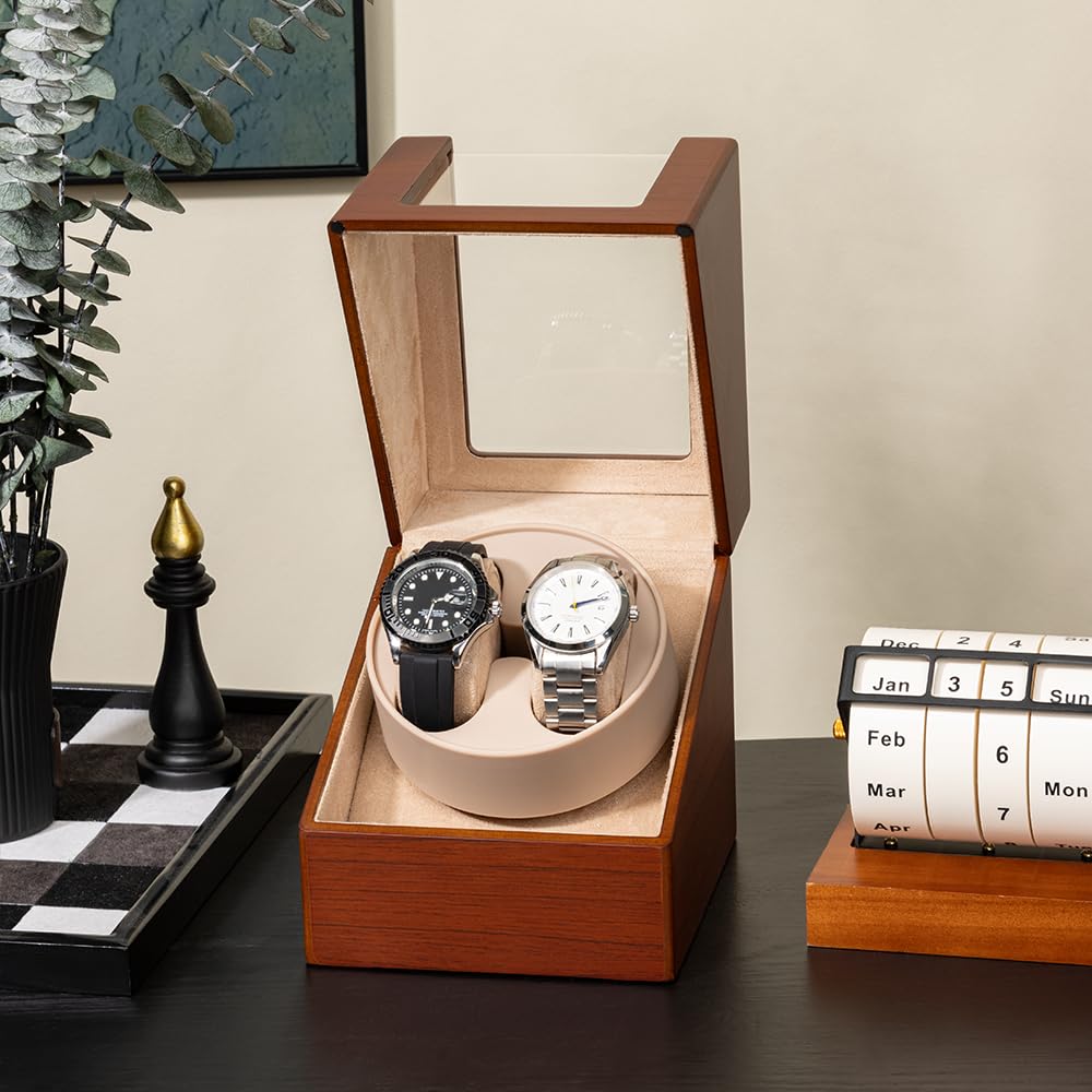Premium Automatic Watch Winder with Ultra Quiet Japanese Motor - Dual Power (AC/Battery) - Genuine Leather Case & Soft Watch Pillows - Perfect for Men's & Women's Luxury Watches - Ideal for Watch Collection Display & Safe Storage at Home/Office