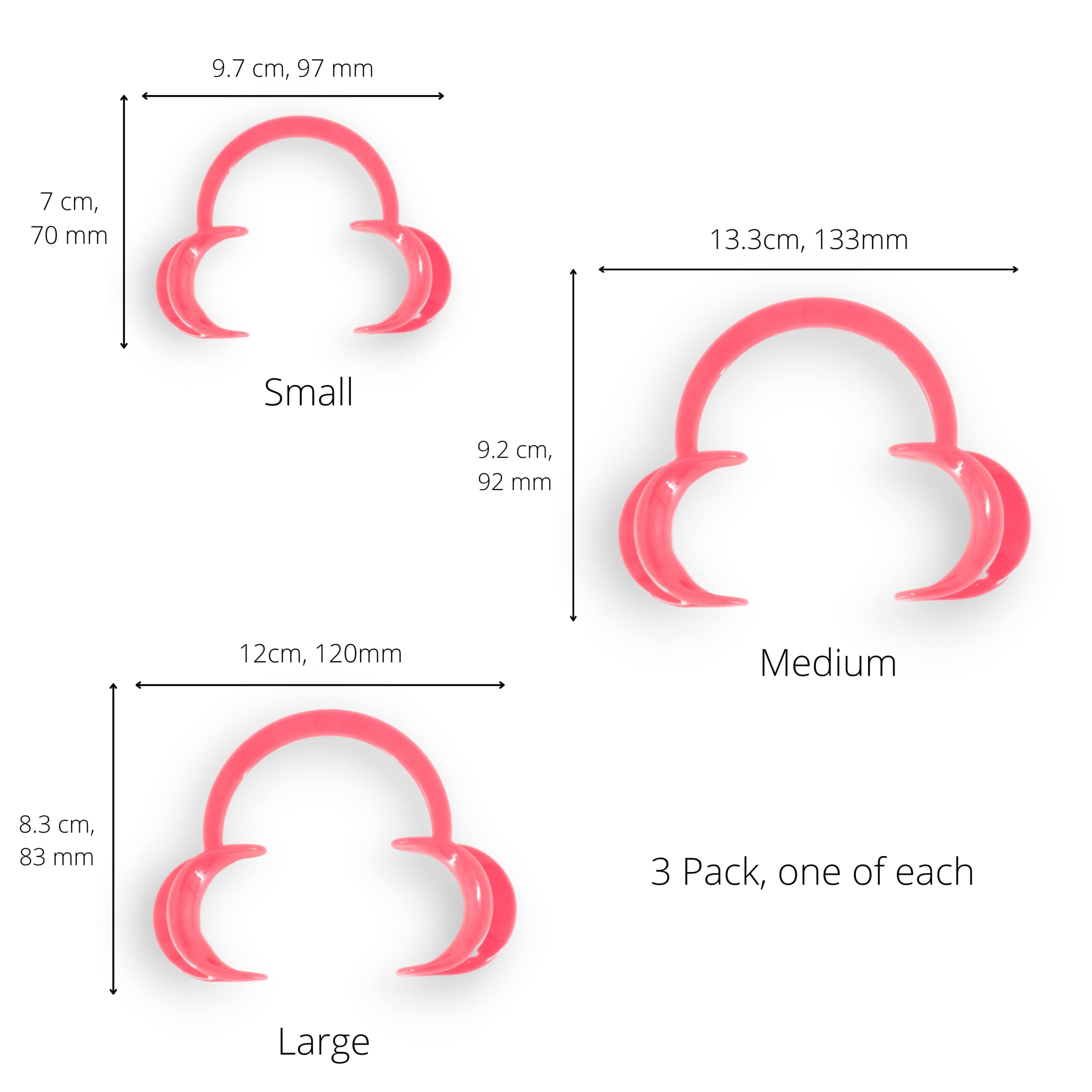 C-Shaped Cheek Retractor Mouth Opener - 3 Pack (Small, Medium & Large) for Teeth Whitening & Tooth Gem Application - Cute Solid Pink Dental Tool for Dentists, Hygienists & DIY Beauty