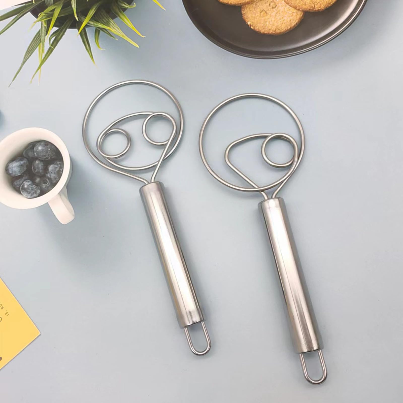 2 Pack Stainless Steel Dough Whisk Set - Dutch Style Pastry Blender & Bread Mixer for Baking Cookies, Cakes, Pizza Dough - Perfect for Home Bakers & Professional Kitchens (Silver)