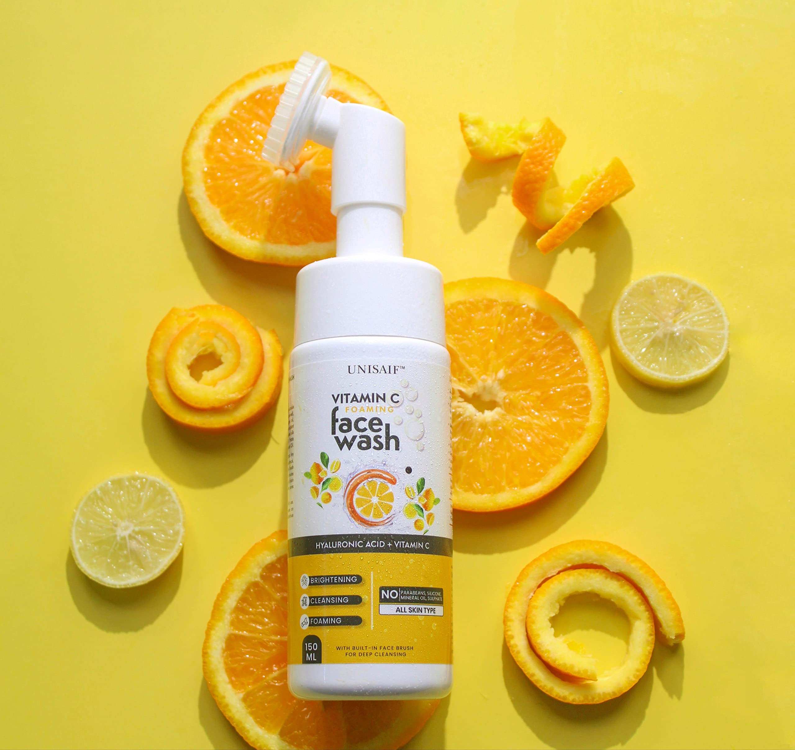 Unisaif Vitamin C Foaming Face Wash with Soft Brush - Brightening Cleanser for Women & Men | Pigmentation Treatment for Combination Skin | 150ml | Perfect for Daily Skincare Routine & Acne-Prone Skin Care