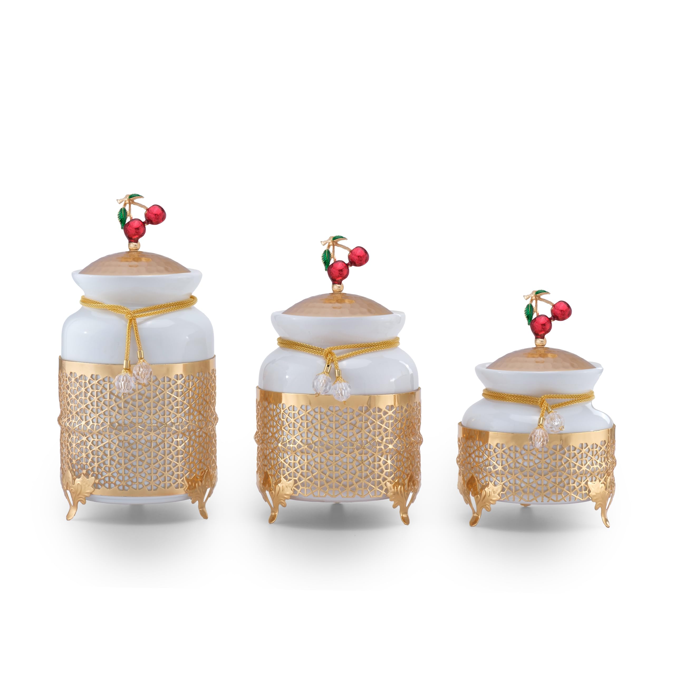 Ceramic Kitchen Canisters Set of 3 with Metal Lids - Airtight Storage Containers for Coffee, Tea, Sugar & Spices | Handmade Countertop Mason Cookie Jars in Gold Cherry Finish | Perfect for Pantry Organization & Coffee Station Decor