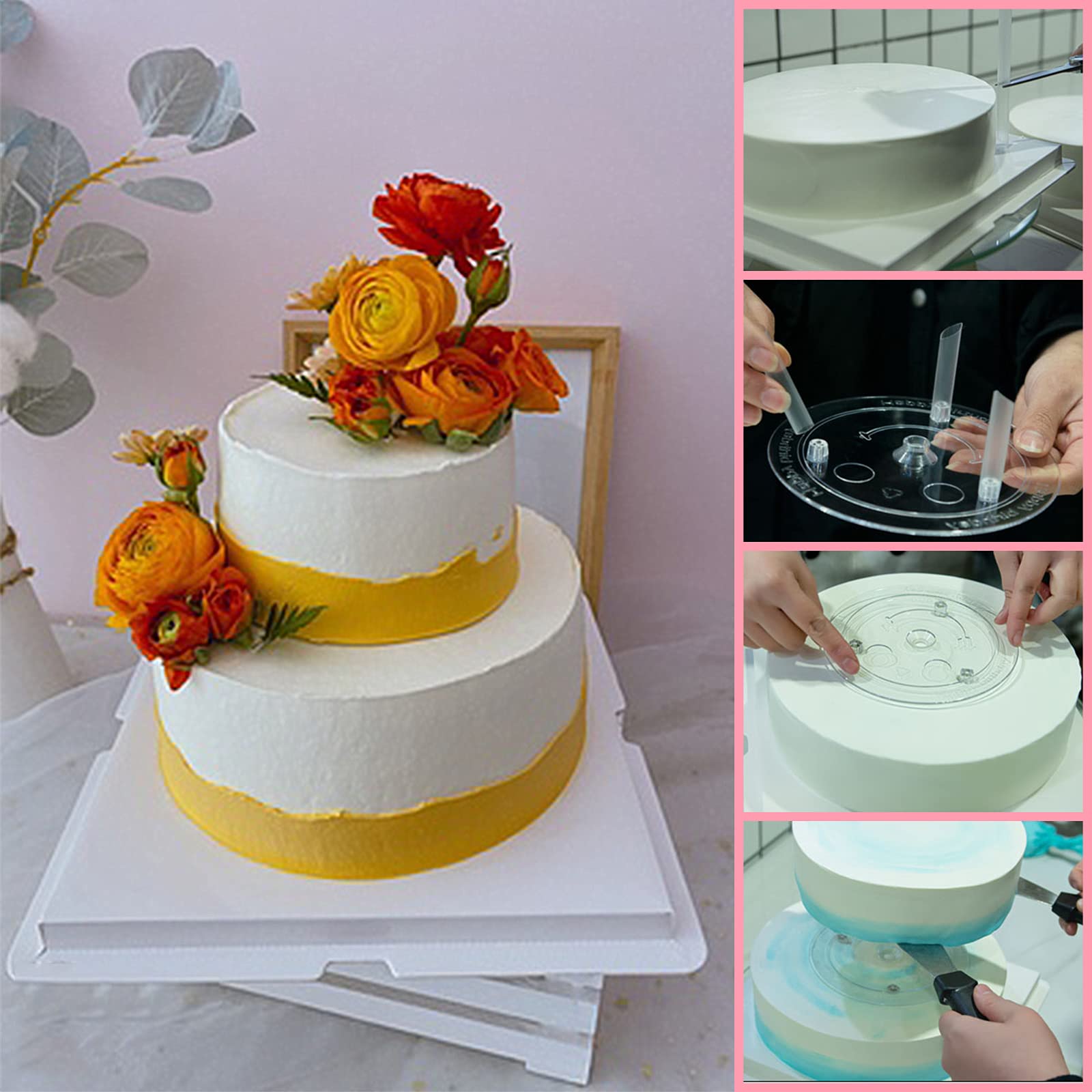 QPEY Cake Support Rods with Cake Board Drums - 4PCS White Plastic Cake Separator Plates & 32PCS Support Sticks for Multi-Tiered Wedding, Birthday Party Cakes - Perfect for Cake Decorating, Baking Supplies & Professional Dessert Displays