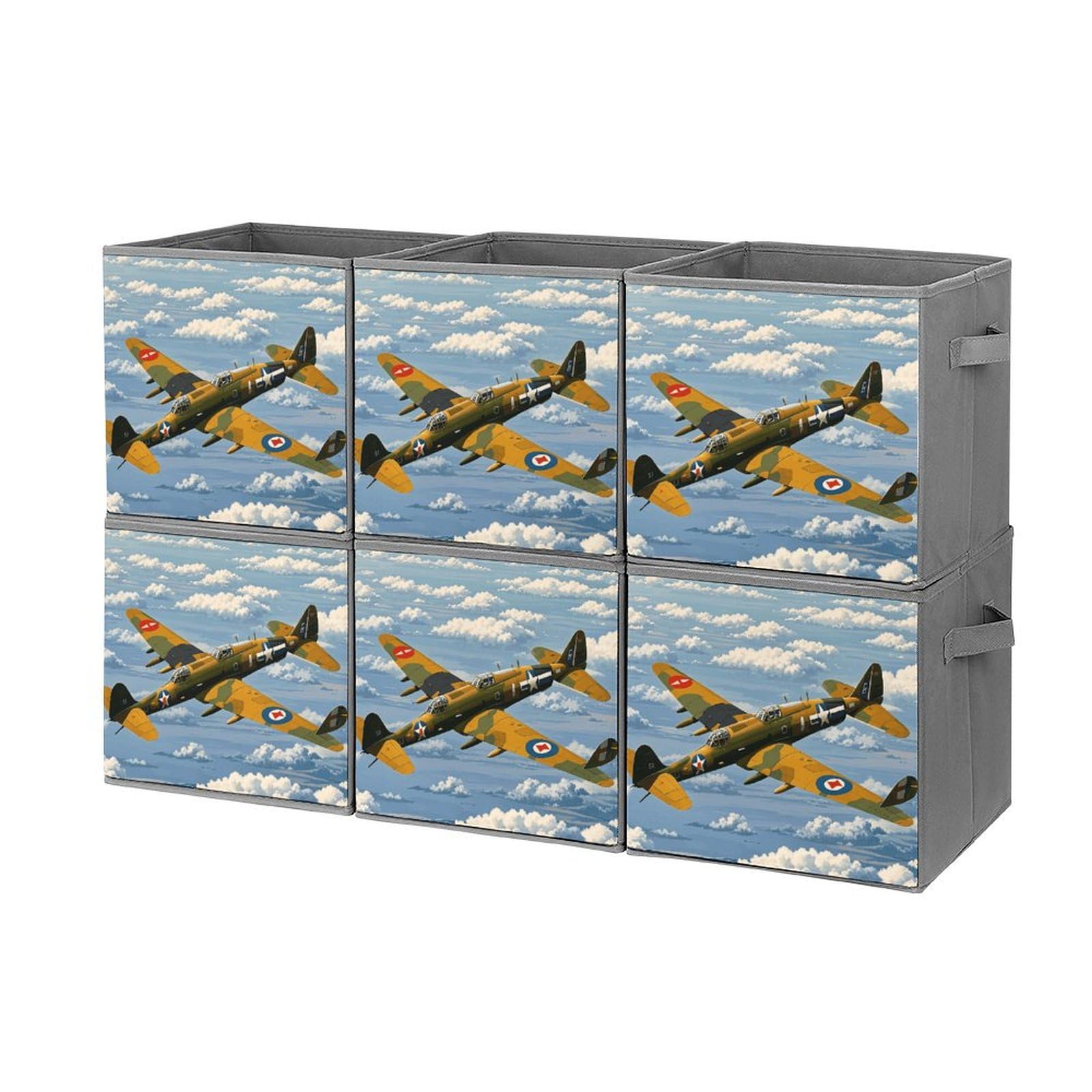 6-Piece Collapsible Storage Bins with Handles - WWII Aircraft Printed Foldable Organizing Boxes for Home, Closet & Shelf Storage | Multi-Purpose Collapsible Baskets for Bedroom, Bathroom & Office Organization
