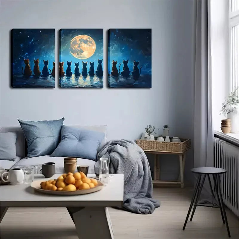 3-Piece Cat Wall Art Set - Framed Canvas Prints of Cats Gazing at the Moon (40x60cm) | High Quality Australian Made Home Decor | Perfect for Living Room, Bedroom & Office Décor
