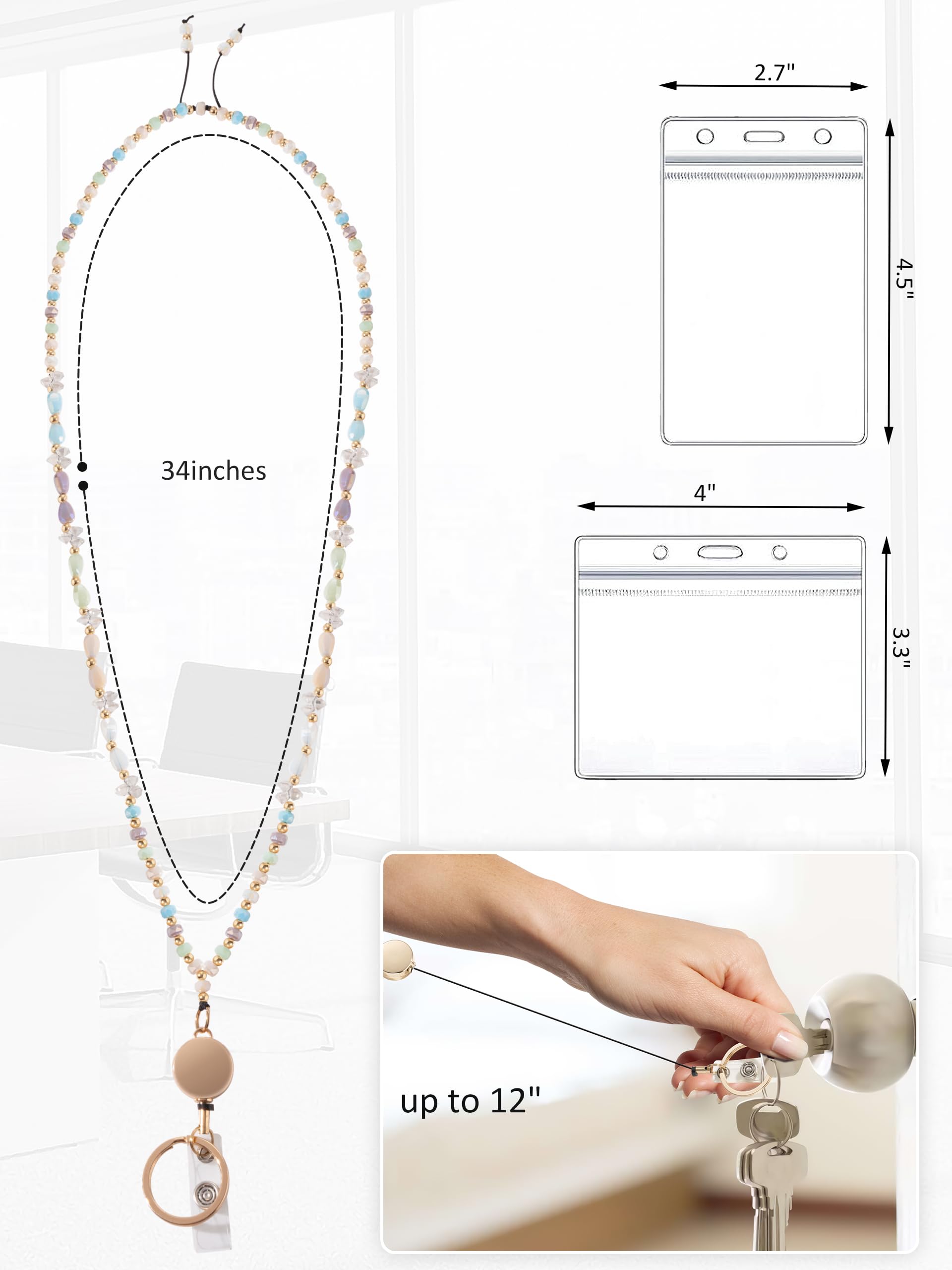 Retractable Beaded Lanyard for Teachers - ID Badge & Key Holder for Women, Cream Crystal Design - Perfect for School & Office Use
