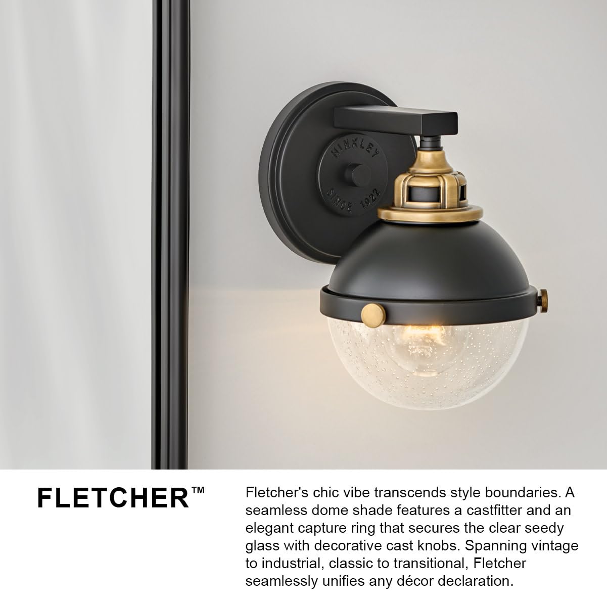 Hinkley Fletcher 3-Light Bathroom Vanity Light Fixture with Dome Shade & Clear Seedy Glass - Black & Heritage Brass Accents - Perfect for Bathroom, Powder Room & Dressing Room Lighting
