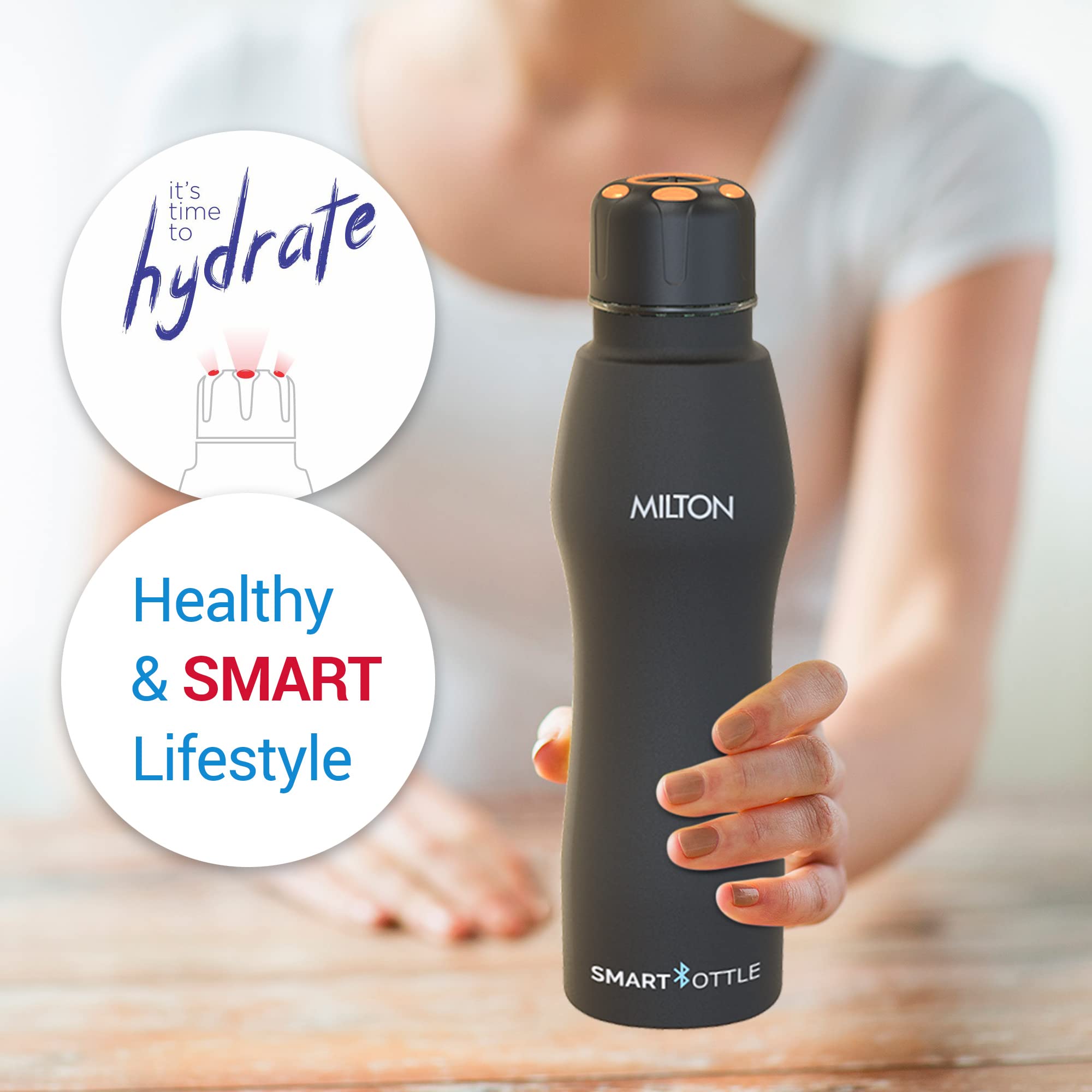 MILTON Euroline Smart Stainless Steel Water Bottle 880ml - Leak Proof, Bluetooth Enabled with Smart Lid - Perfect for Gym, Hiking & Office Use - Black