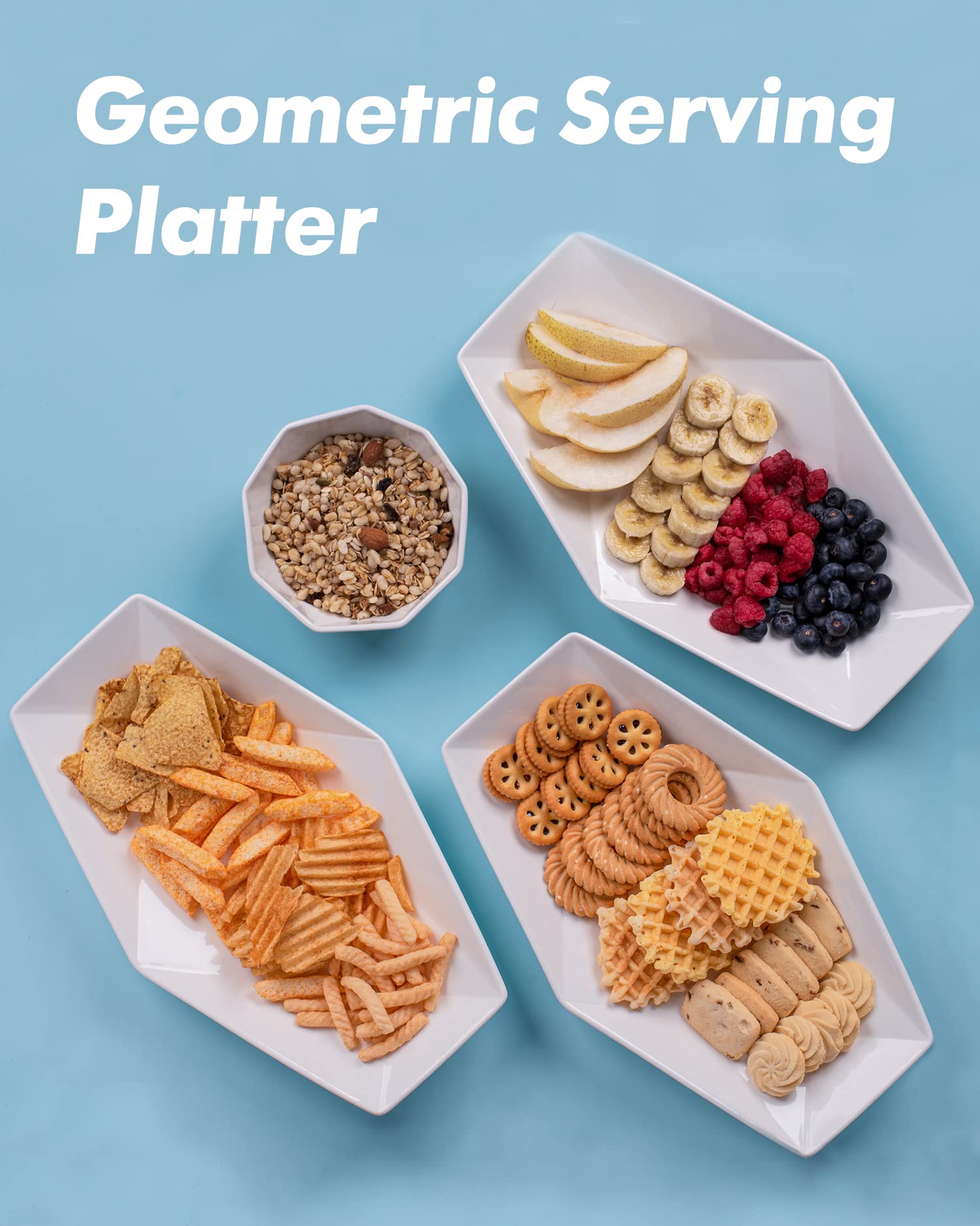 Delling 13.7 Inch White Porcelain Serving Platter Set of 3 - Geometric Design Appetizer, Fruit & Salad Plates - Oven Safe Dinnerware for Parties, Entertaining & Holiday Gatherings