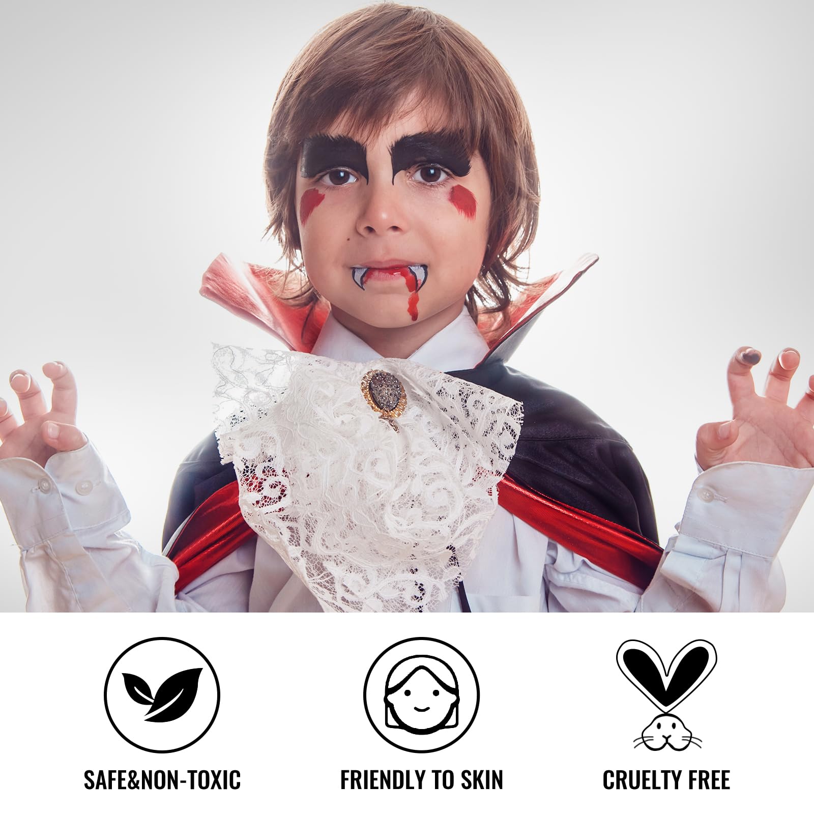 6PCS Halloween Makeup Kit with Fake Blood, Black White Red Face & Body Paint, Vampire Teeth & Stipple Sponge - Perfect for Costume Parties, Cosplay, Horror Makeup & Halloween Dress Up