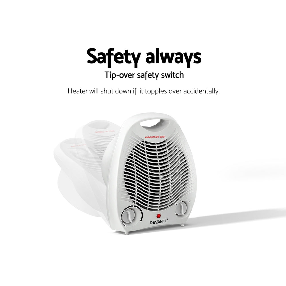 Devanti 2000W Electric Fan Heater with Adjustable Thermostat - Fast Heating Portable Space Heater for Home, Office & Bedroom Use