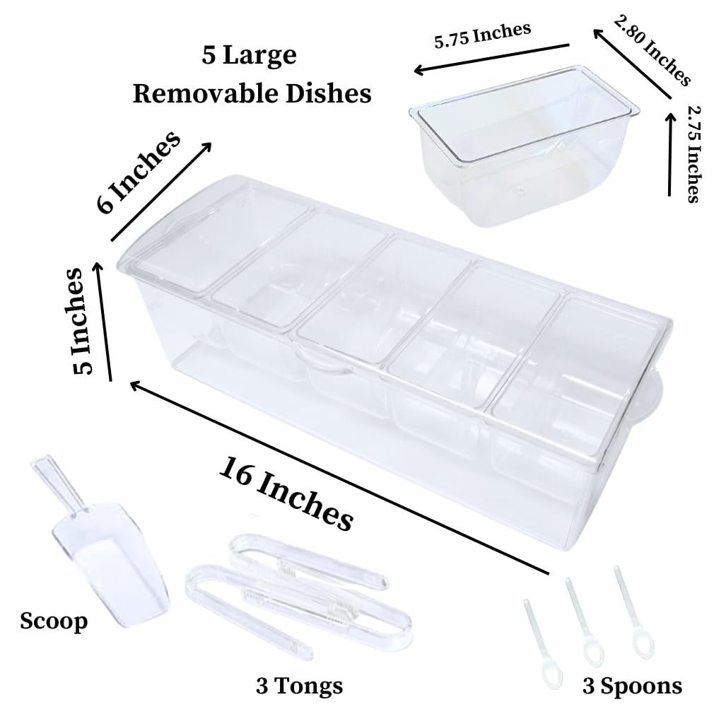 Evelots 5-Compartment Condiment Server with Hinged Lid | Plastic Garnish Serving Tray | Includes 7 Utensils | Perfect for BBQs, Picnics, Parties & Outdoor Dining | Chilled Food Storage Container for Sauces, Dips & Toppings