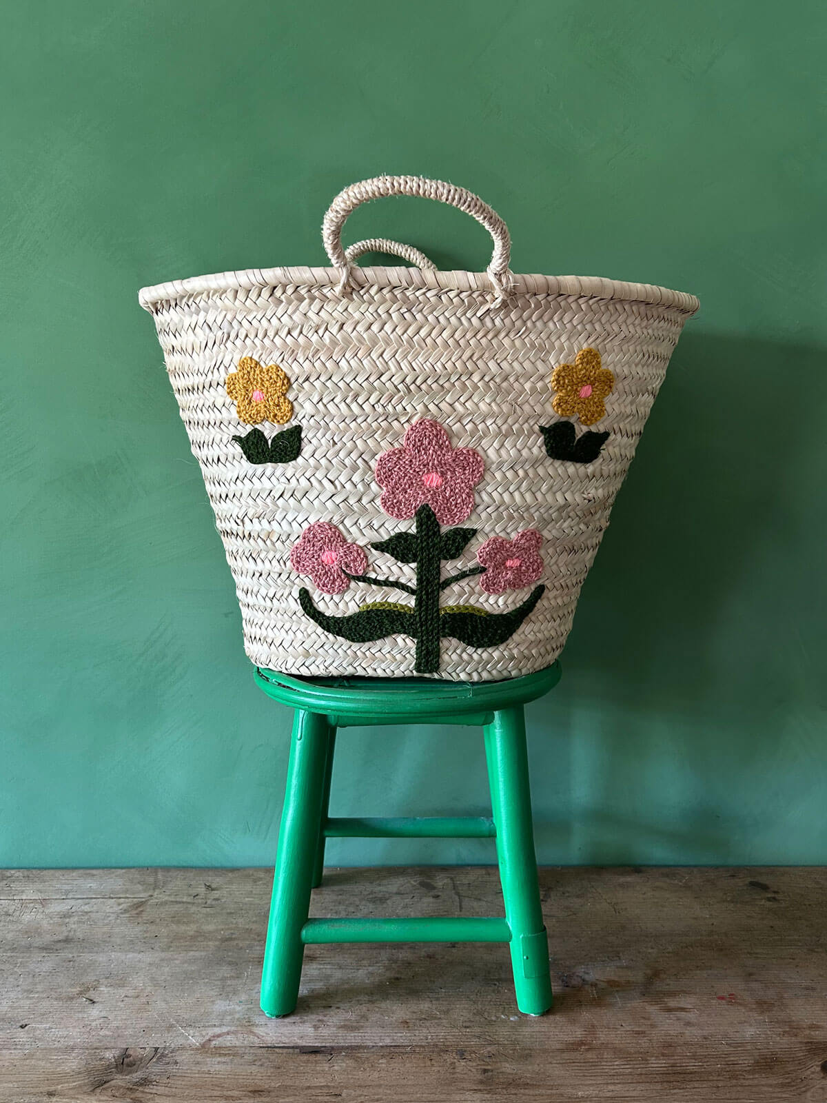 Hand Embroidered Market Basket with Floral Design - Eco-Friendly Cotton Tote Bag for Grocery Shopping, Picnics & Farmers Market - Perfect for Organic Produce & Beach Essentials