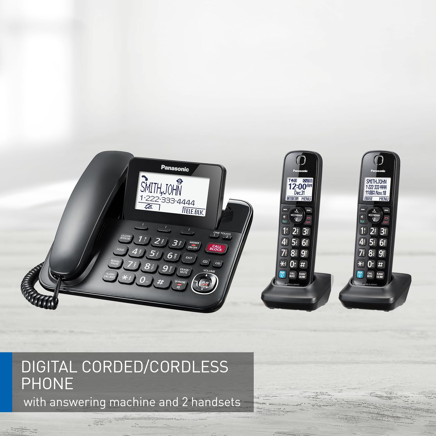 Panasonic KXTGF892B Expandable Corded Phone System with Bluetooth, Wireless Headset & Hearing Aid Compatibility, Smart Call Block, Bilingual Caller ID - 2 Handsets (Black) - Perfect for Home & Office Communication