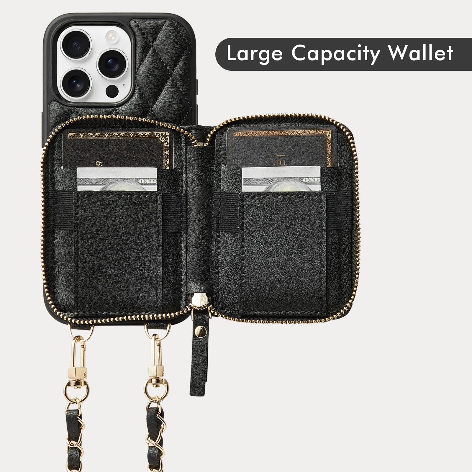 LAMEEKU iPhone 16 Pro Wallet Case with RFID Blocking Card Holder & Wrist Strap - Slim Protective Crossbody Phone Cover for Women (6.3