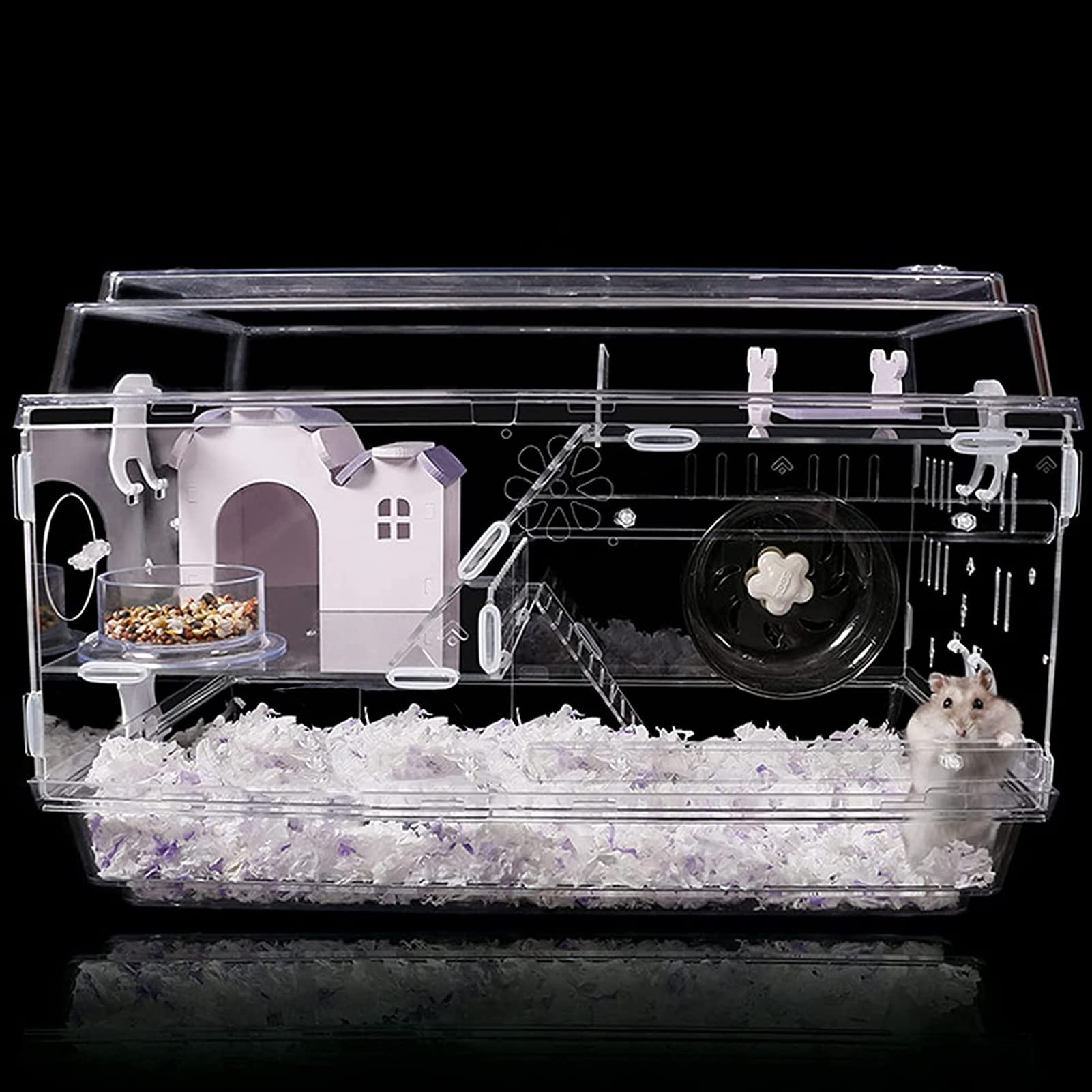 Acrylic Hamster Cage - Large Transparent, Breathable, Easy to Clean & Assemble with Non-Slip Base & Seesaw | Luxury Purple Habitat for Small Pets | Perfect for Home, Office, or Kids Room Decor