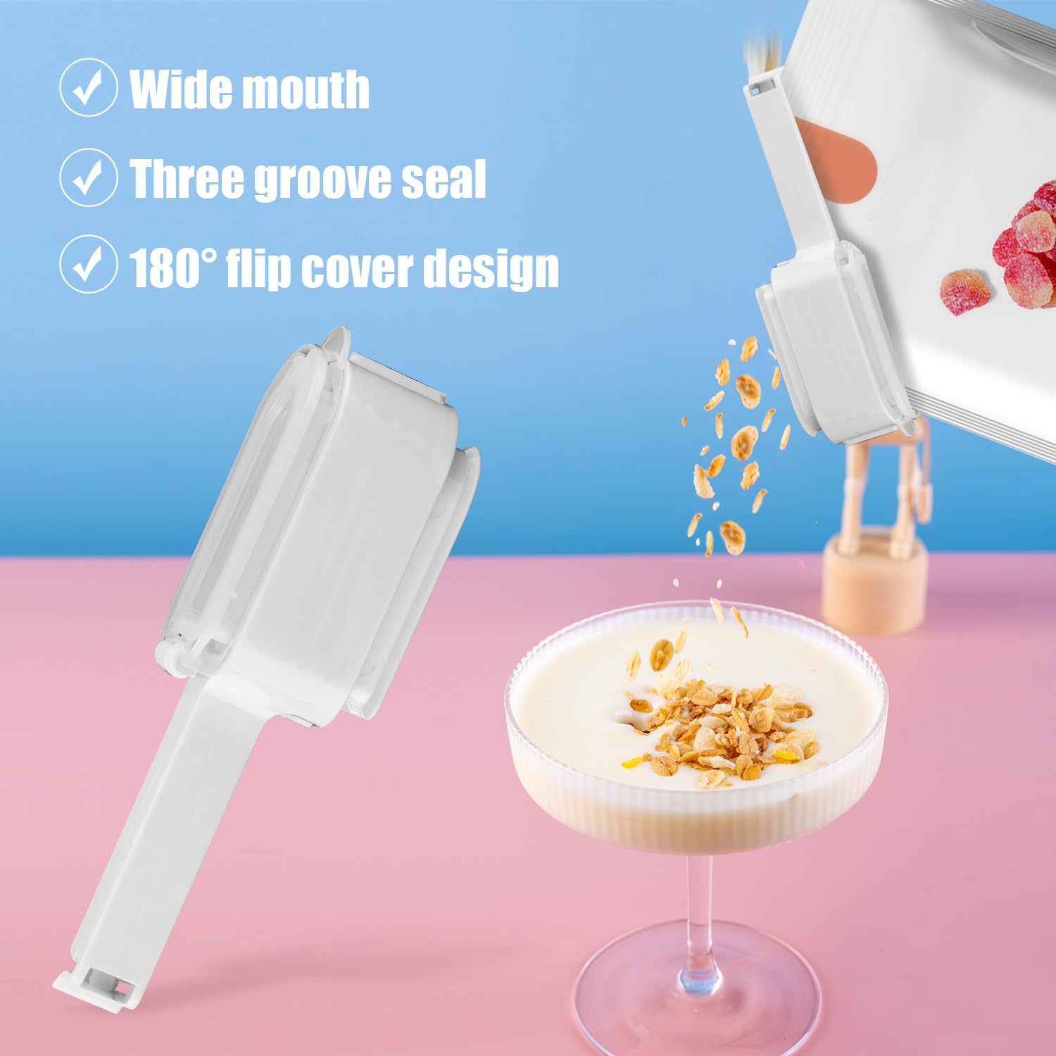 4-Piece Reusable Plastic Bag Clips with Pour Spout - Large Food Storage Sealing Clips for Snacks, Cereal, Flour | Perfect for Kitchen Organization & Airtight Storage of Dry Goods