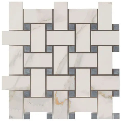 Premium Calacatta Gold Marble Basketweave Mosaic Tile - Large 12x12 Inch Natural Stone Backsplash for Kitchen & Bathroom Renovation
