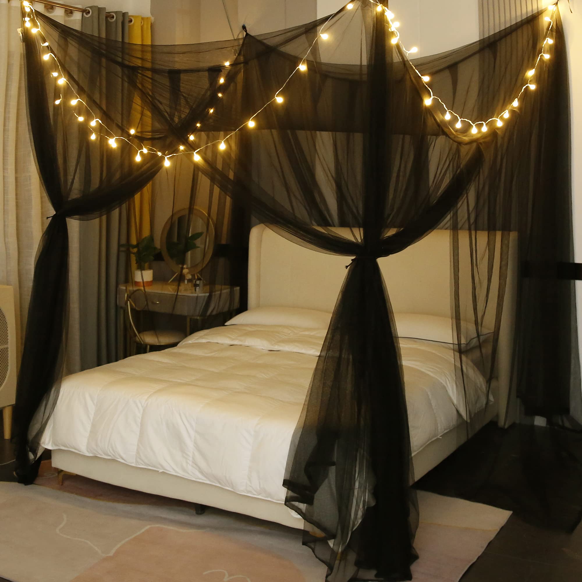 Elegant Mengersi Canopy Bed Curtains with Fairy Lights - Single/Twin Size Bed Netting for Gothic Bedroom Decor | Perfect for Romantic Nights & Boho Chic Room Aesthetics