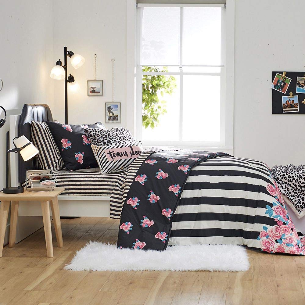 Stylish Betsey Johnson Rose & Black Twin XL College Dorm Room Bundle - Comforter, Sham, Sheets, Blanket Set | Perfect for Dorm Decor & Teen Bedroom Makeover
