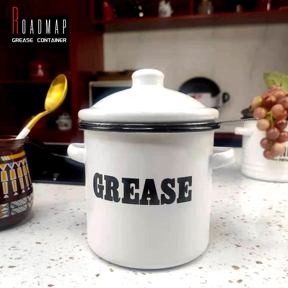 1.5L White Enamel Bacon Grease Container with Strainer - Farmhouse Kitchen Oil Storage Jar - Perfect for Collecting & Storing Cooking Oil, Bacon Drippings - Ideal for Farmhouse Decor & Home Cooking