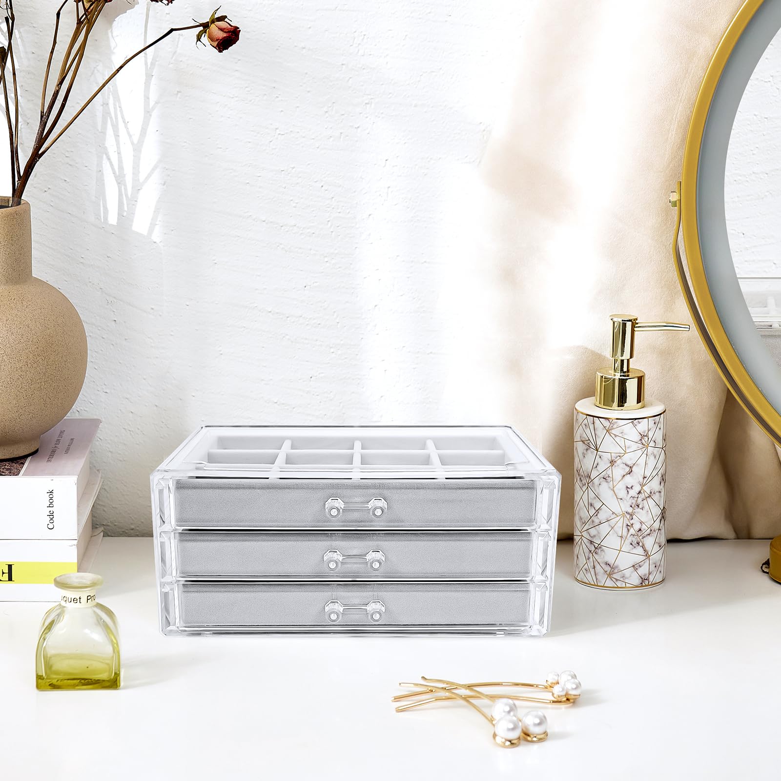 ProCase 3-Drawer Acrylic Jewelry Organizer Box with Adjustable Velvet Trays - Clear Earring Holder for Women (Grey) | Perfect for Bedroom Vanity, Travel & Gift Giving