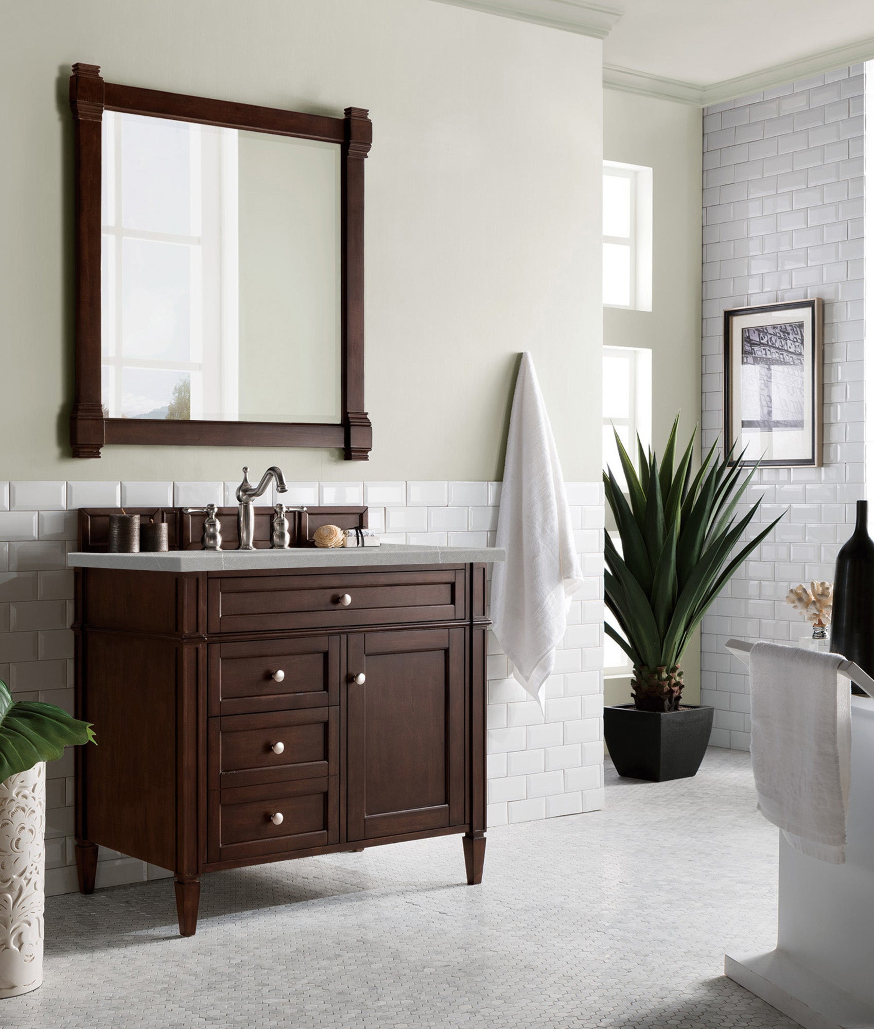 Brittany 36 Inch Burnished Mahogany Bathroom Vanity with 3CM Eternal Serena Quartz Countertop - Perfect for Master Bathroom & Powder Room Remodeling