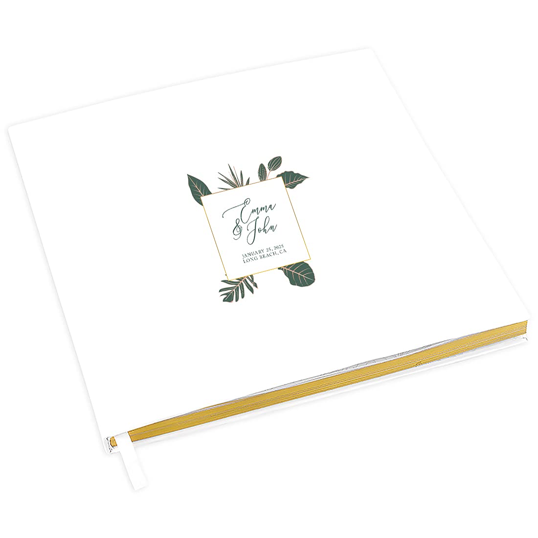 Personalized Wedding Guest Book with Gold Foil Accents - Modern Tropical Palm Design 8.5