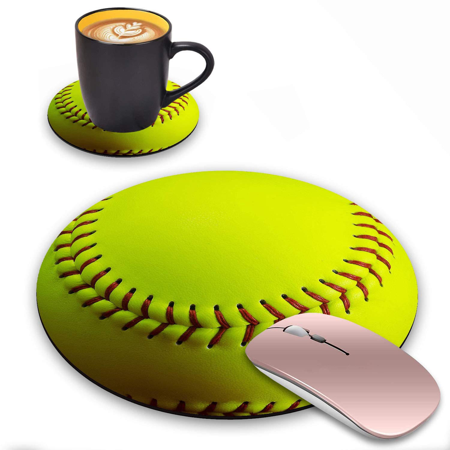 LACOMA Round Mouse Pad and Coasters Set - Softball Design Non-Slip Rubber Base for Laptop & Computer - Cute Desk Accessories for Office, Gaming & Home Workspace