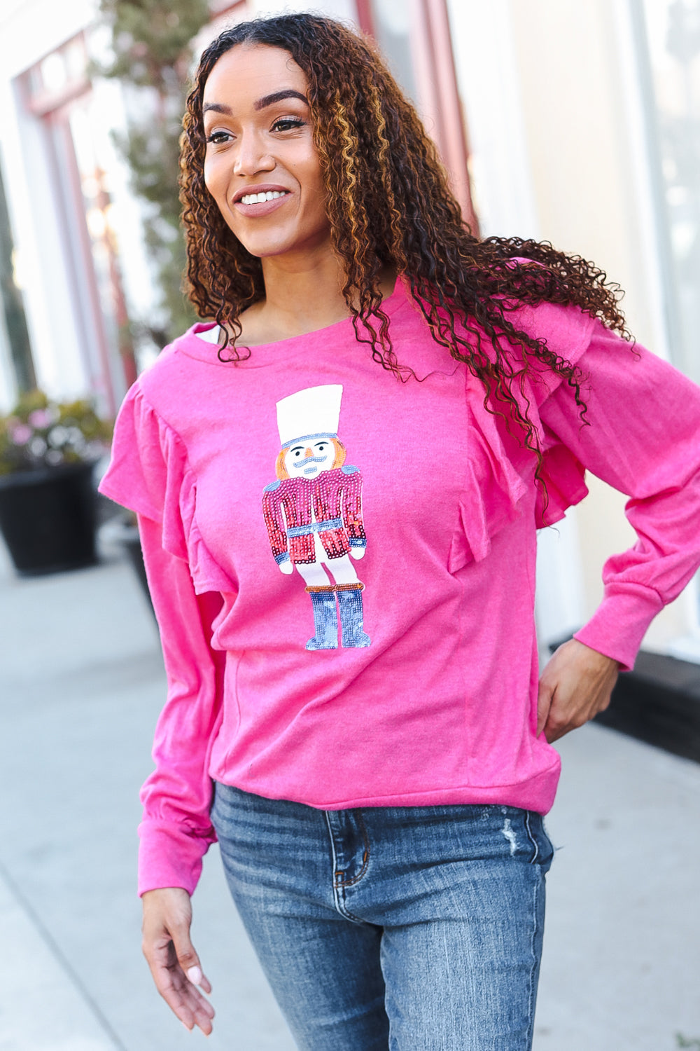 Festive Hot Pink Sequin Nutcracker Christmas Sweater with Ruffle Hacci Knit - Perfect for Holiday Parties, Ugly Sweater Contests & Winter Gatherings