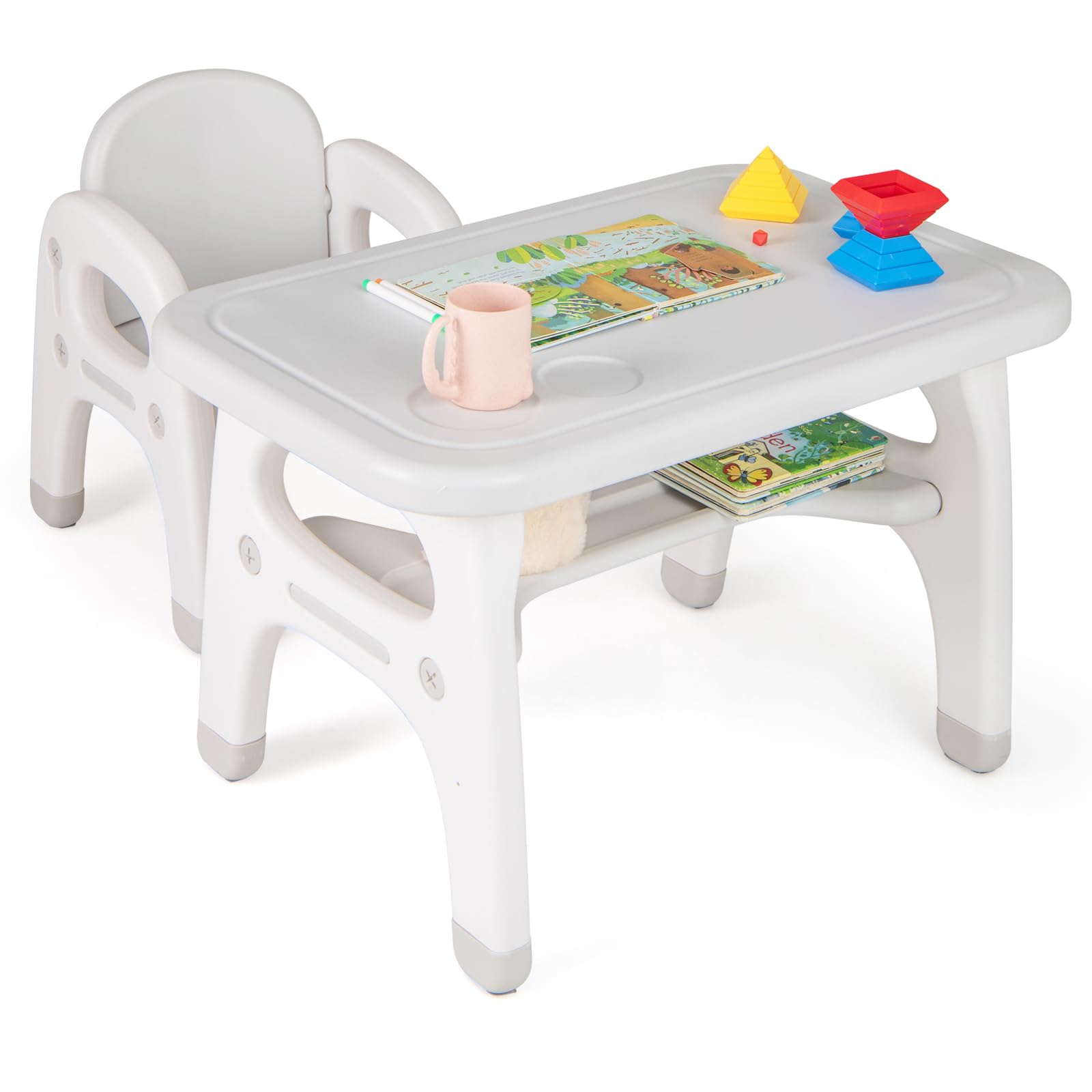 Costzon Kids Table and Chair Set - Dinosaur Themed Toddler Activity Desk with Storage Rack & Montessori Building Blocks | Sturdy Children's Furniture for Art, Play & Learning | Perfect for Daycare, Preschool & Home Playroom (Gray)