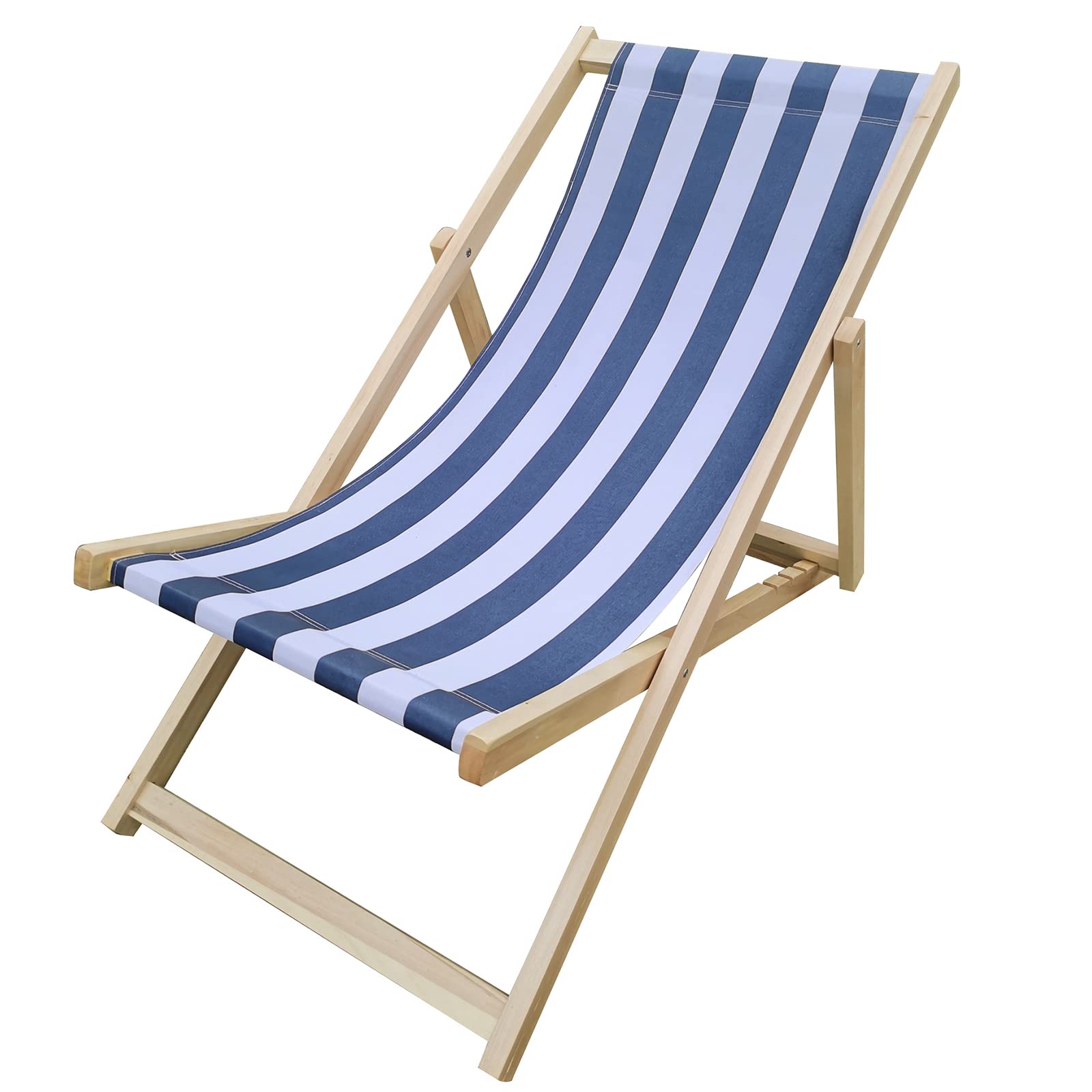 Adjustable Wood Backrest Folding Beach Sling Chair - Portable Outdoor Lounge Recliner for Patio, Lawn, Deck, Poolside & Camping - Comfortable Blue Relaxation Chair