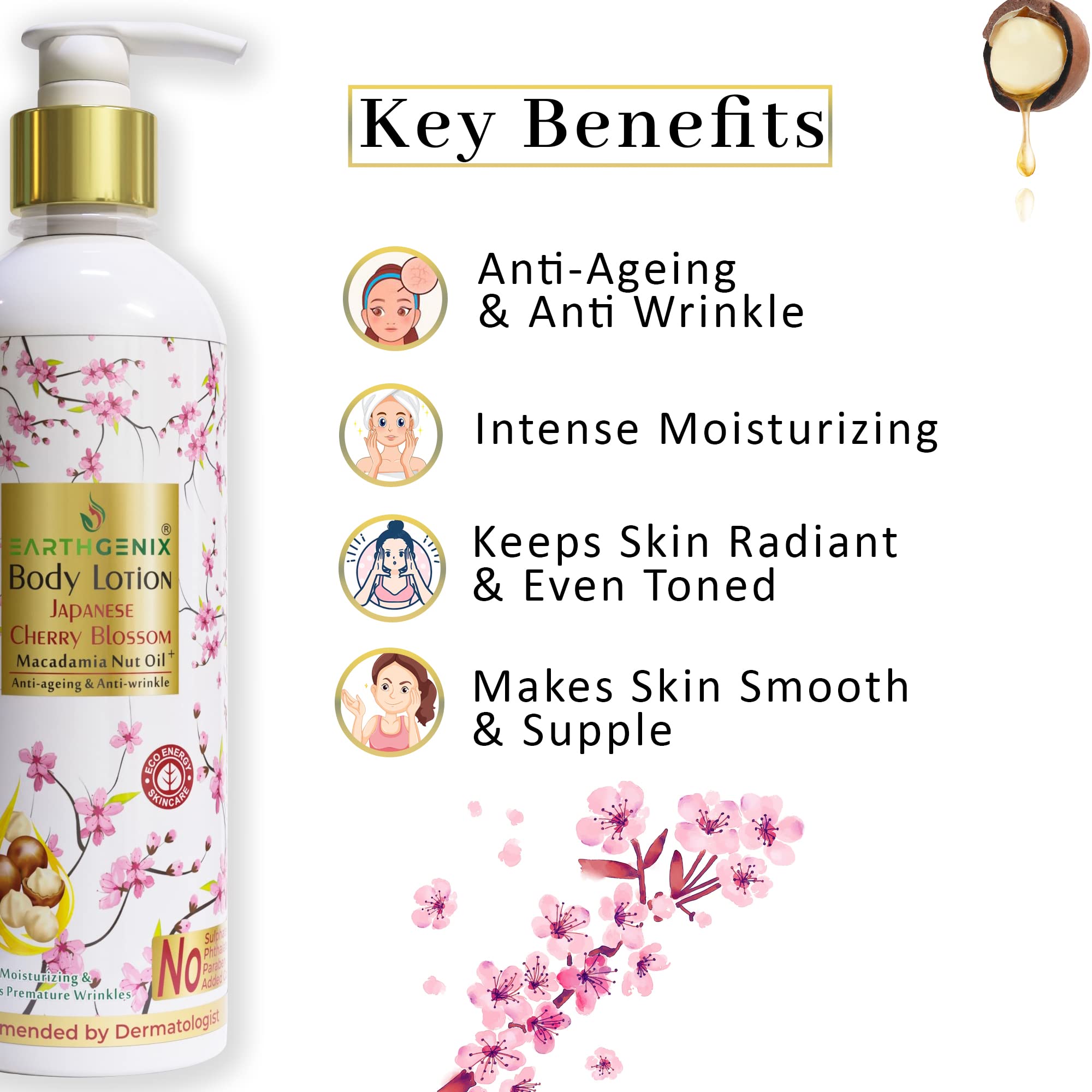 Earthgenix Japanese Cherry Blossom & Macadamia Nut Oil Body Lotion 500ml - Anti-Aging, Anti-Wrinkle Moisturizer for All Skin Types | Women & Men | Perfect for Daily Hydration & Skin Repair