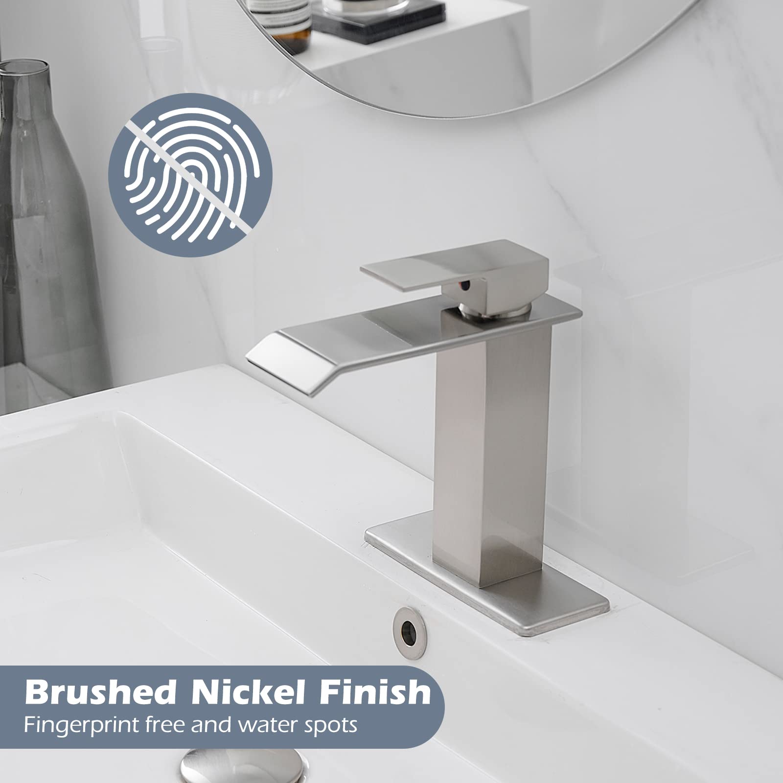 BWE Single Handle Bathroom Faucet Brushed Nickel - Waterfall Single Hole Bathroom Sink Faucet with Drain Stopper & Overflow - Perfect for Vessel Sinks, Vanities, and Modern Bathroom Upgrades