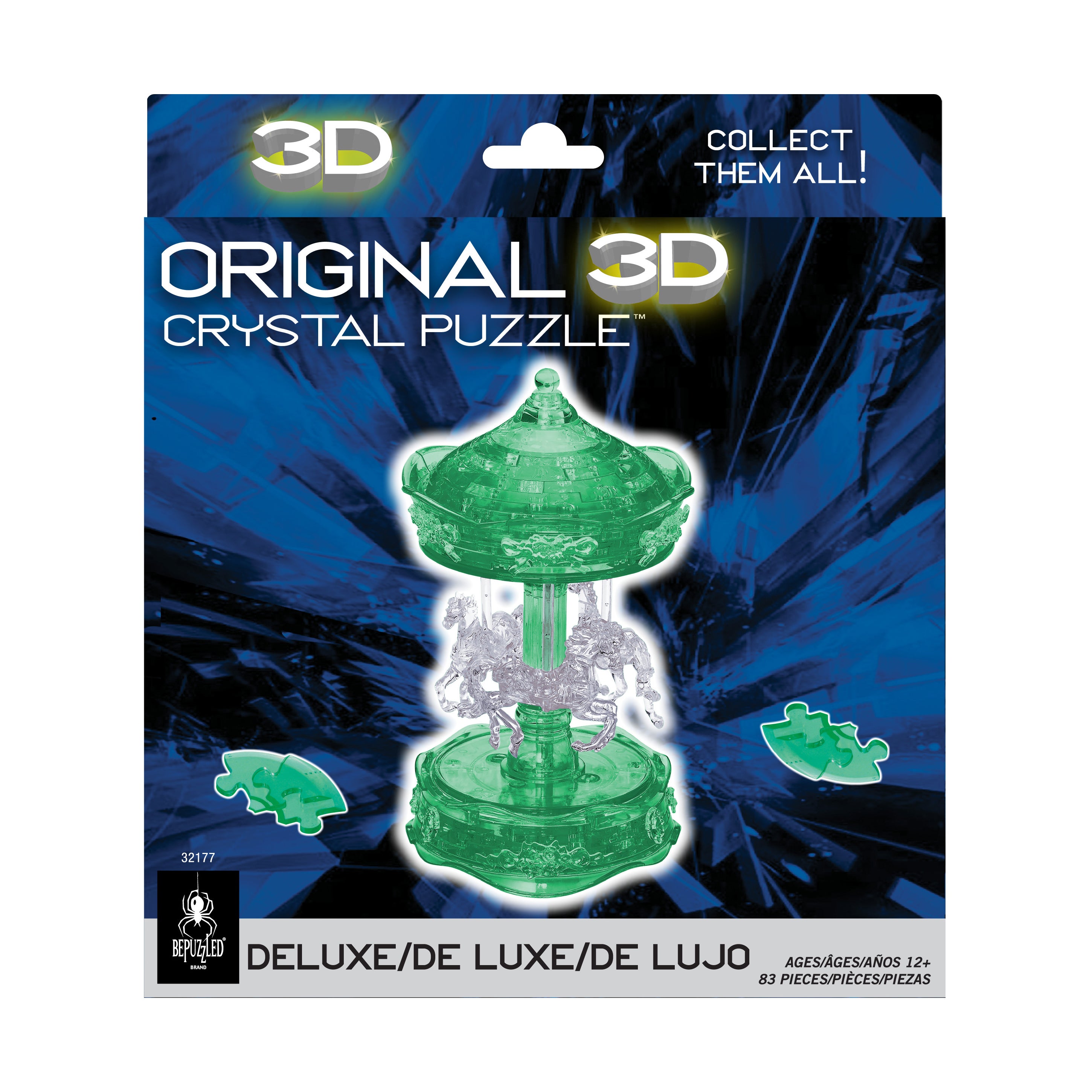 BePuzzled 3D Crystal Carousel Puzzle - 83 Piece Enchanting Green & White DIY Model Kit | Fun Brain Teaser for Adults & Teens | Perfect for Home Decor, Gift Giving & Stress Relief