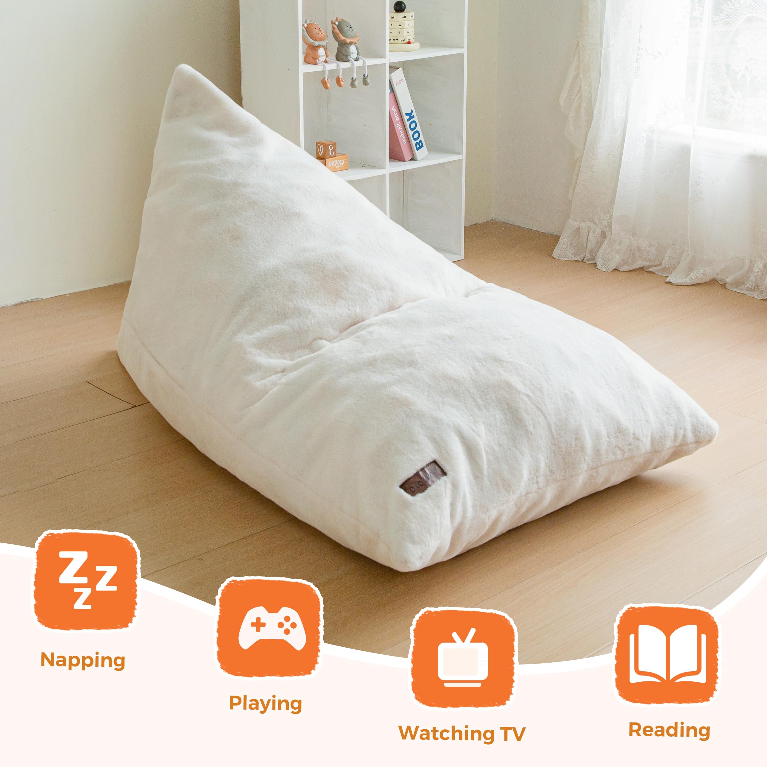 MAXYOYO Kids Bean Bag Chair with Handle - High Density Foam Floor Lounger for Boys & Girls - Soft White Kids Seating for Bedroom, Playroom & Reading Nook