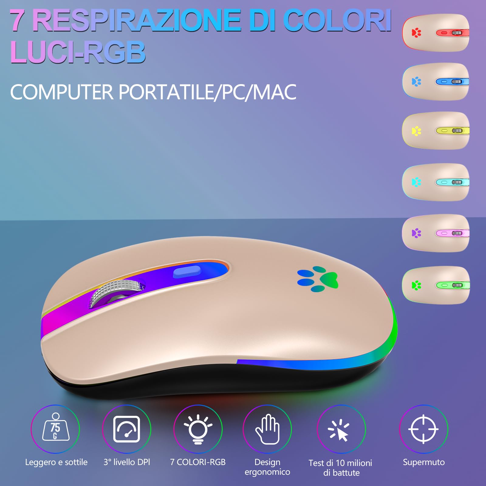Rechargeable Wireless Gaming Mouse with Bluetooth & 2.4GHz USB Receiver, 7 RGB Colors for PC, Laptop, Mac, Notebook - Compatible with Windows & Android - Perfect for Gaming, Office Work & Travel