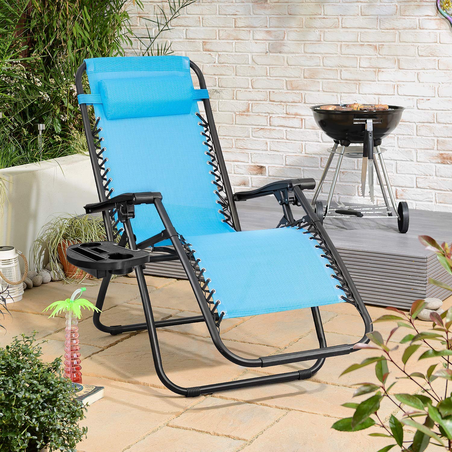 Flamaker Adjustable Zero Gravity Lounge Chair - Outdoor Folding Recliner with Pillow for Pool, Backyard, Camping & Patio - Comfortable Relaxation for Beach, Garden & Deck (Blue)