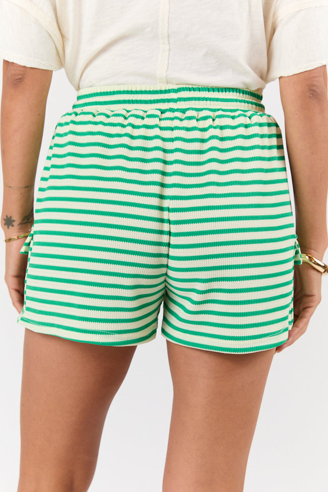 Women's Green Striped Ribbed Knit Shorts - Comfortable High Waisted Stretchy Summer Shorts for Casual Wear, Beach, Yoga & Lounge