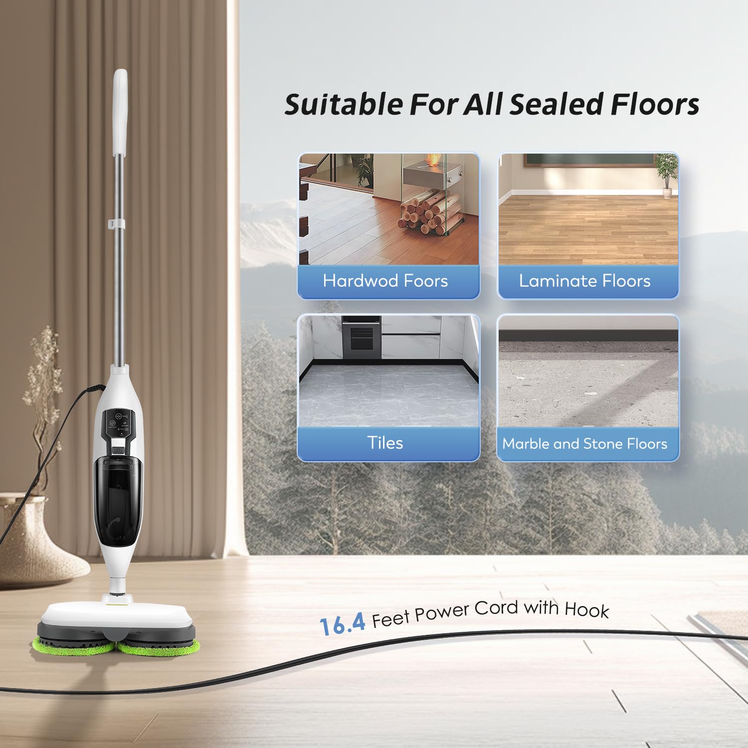 15 in 1 Electric Spin Mop Cleaner with Detachable Handheld Unit - Steam Mop for Hardwood, Laminate Floors, Tile Grout & Car Cleaning - 120V Powerful Steam Cleaner for Home, Kitchen & Bathroom Deep Cleaning