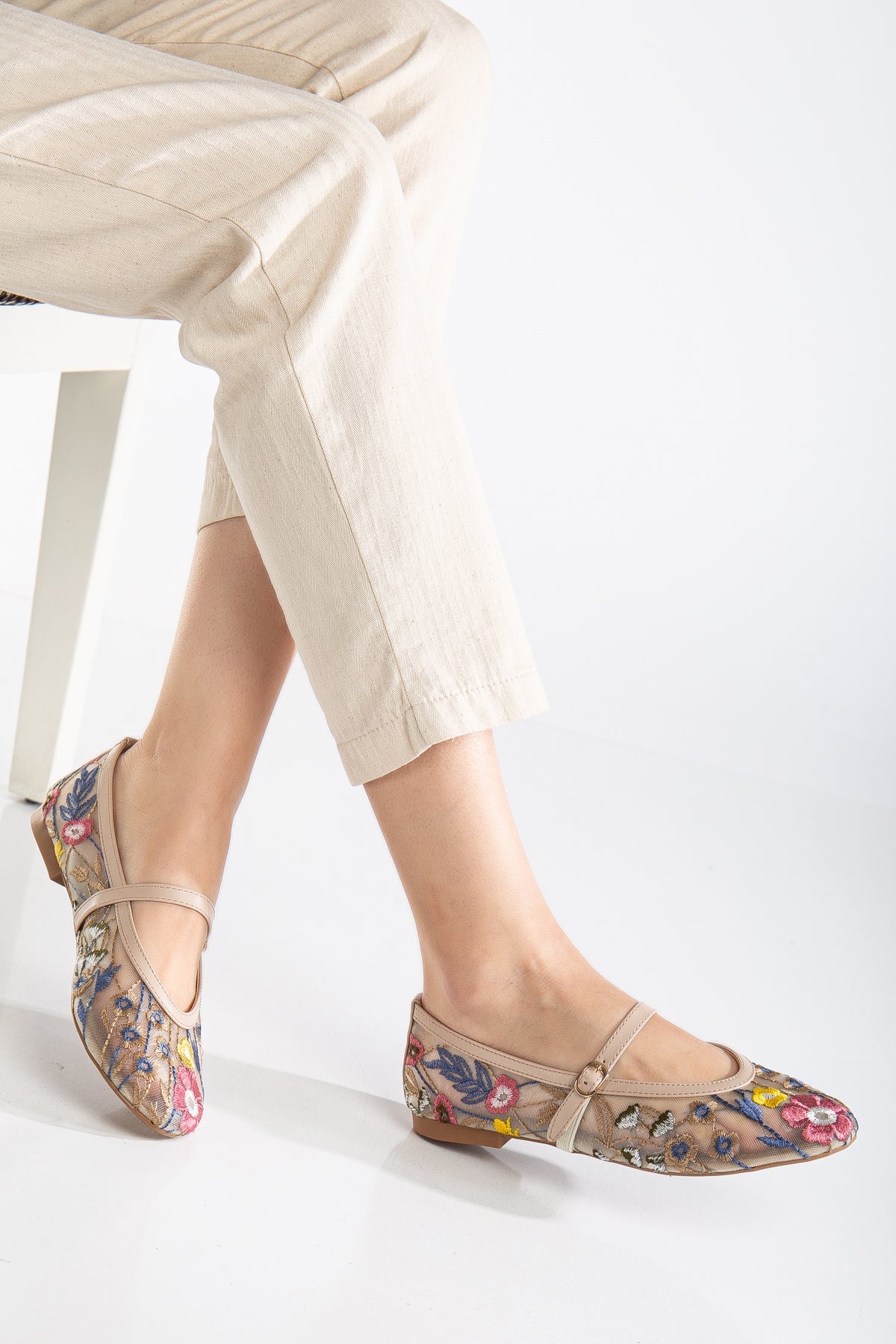 Fauna Beige Mesh Mary Jane Flats for Women - Comfortable & Breathable Casual Shoes for Work, Walking & Everyday Wear