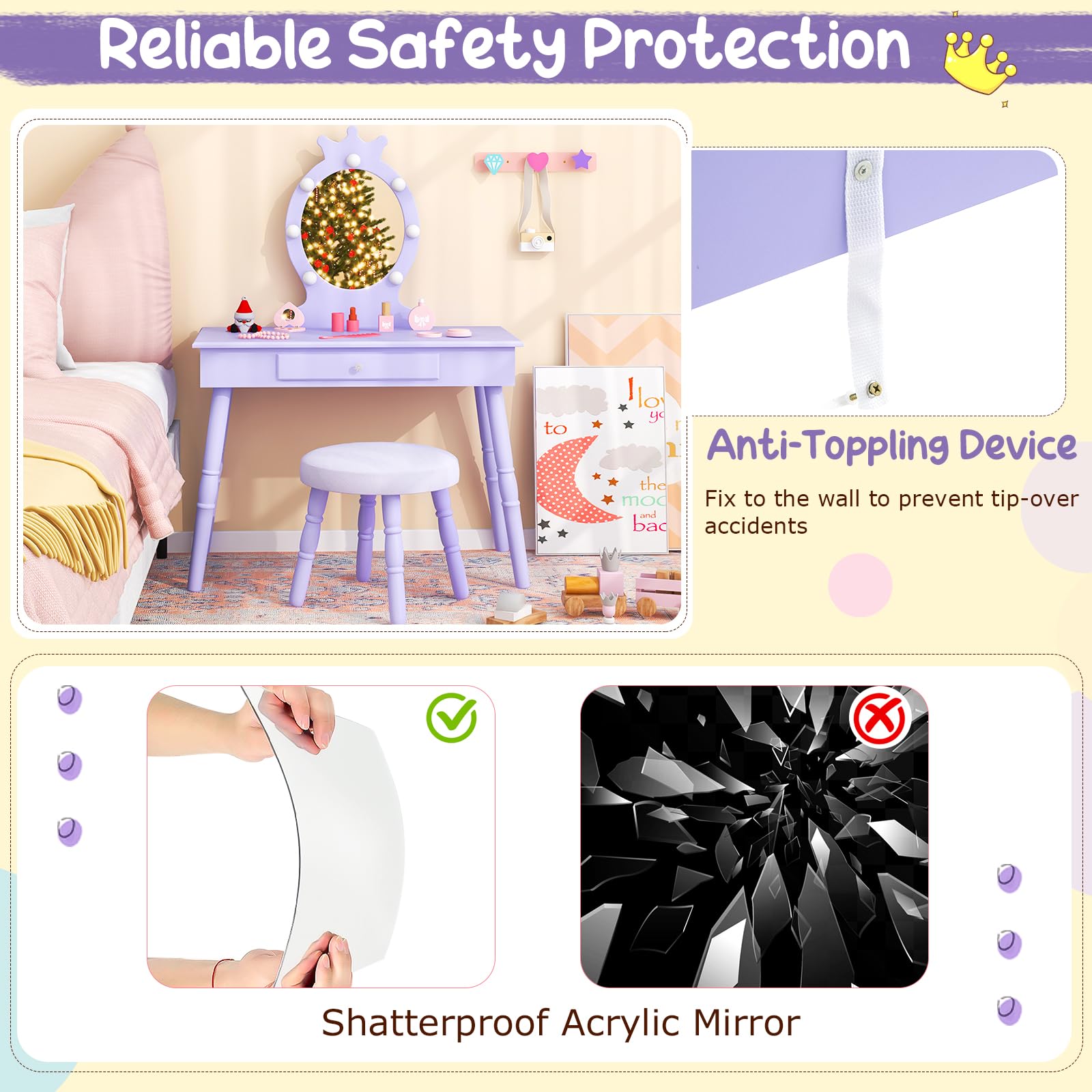 Costzon Kids Vanity Set with Mirror, Stool & LED Lights - 2-in-1 Wooden Makeup Dressing Table with Drawers for Girls - Pretend Play Toddler Vanity Desk & Chair Set (Violet) - Perfect for Birthday Gifts & Princess Room Decor