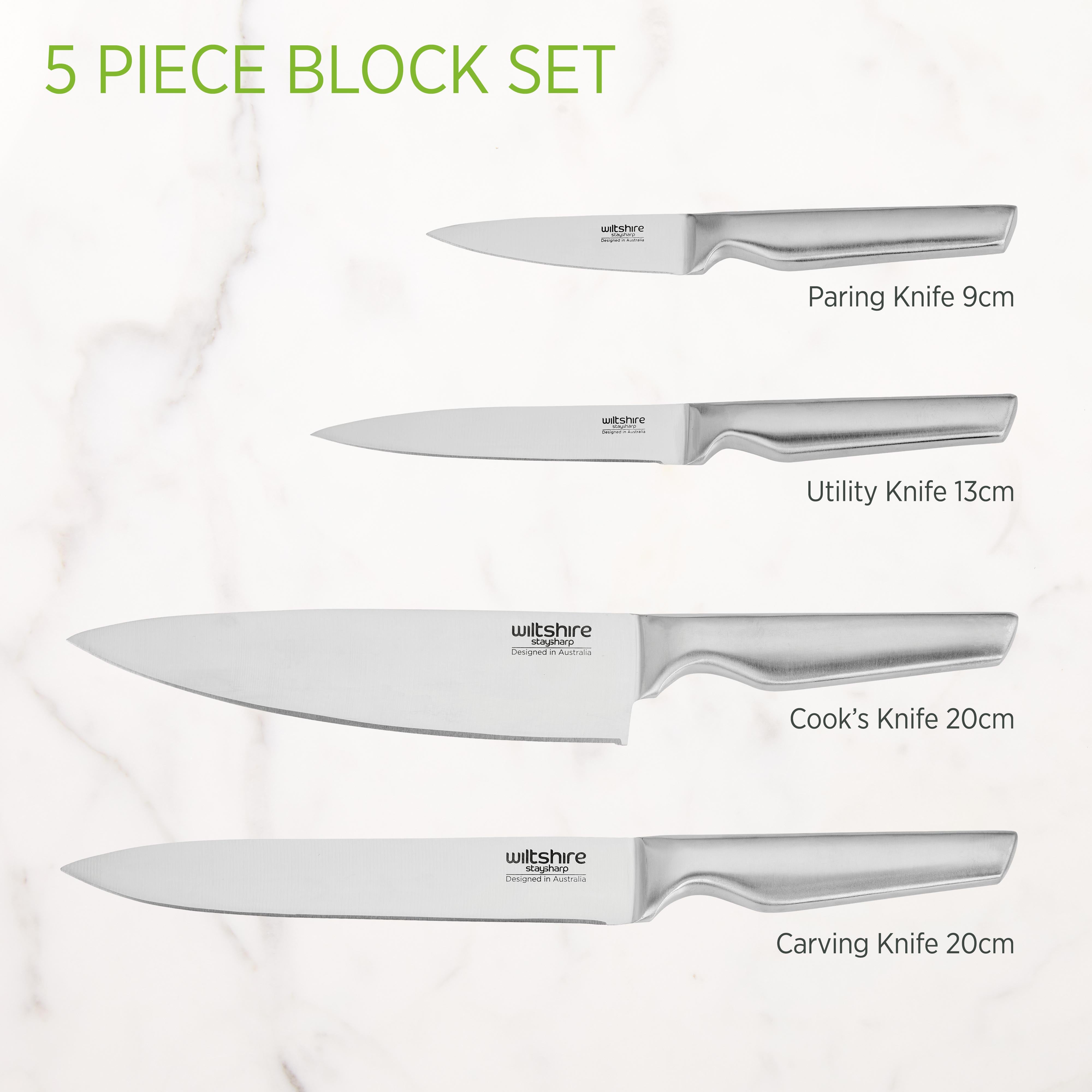 Premium Stainless Steel Knife Block Set - 5-Piece Kitchen Knives with Sharpener | Perfect for Home Cooking, Professional Chefs & Gift Giving
