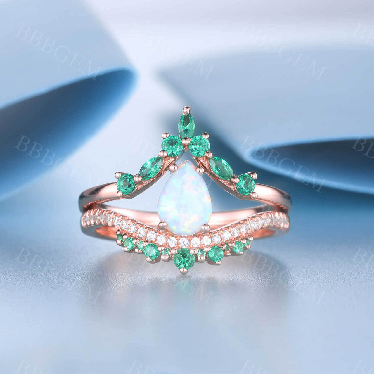 14K Rose Gold Opal Emerald Engagement Ring Set - Unique Stacking Band for Women, Perfect for Anniversaries, Weddings & Special Occasions