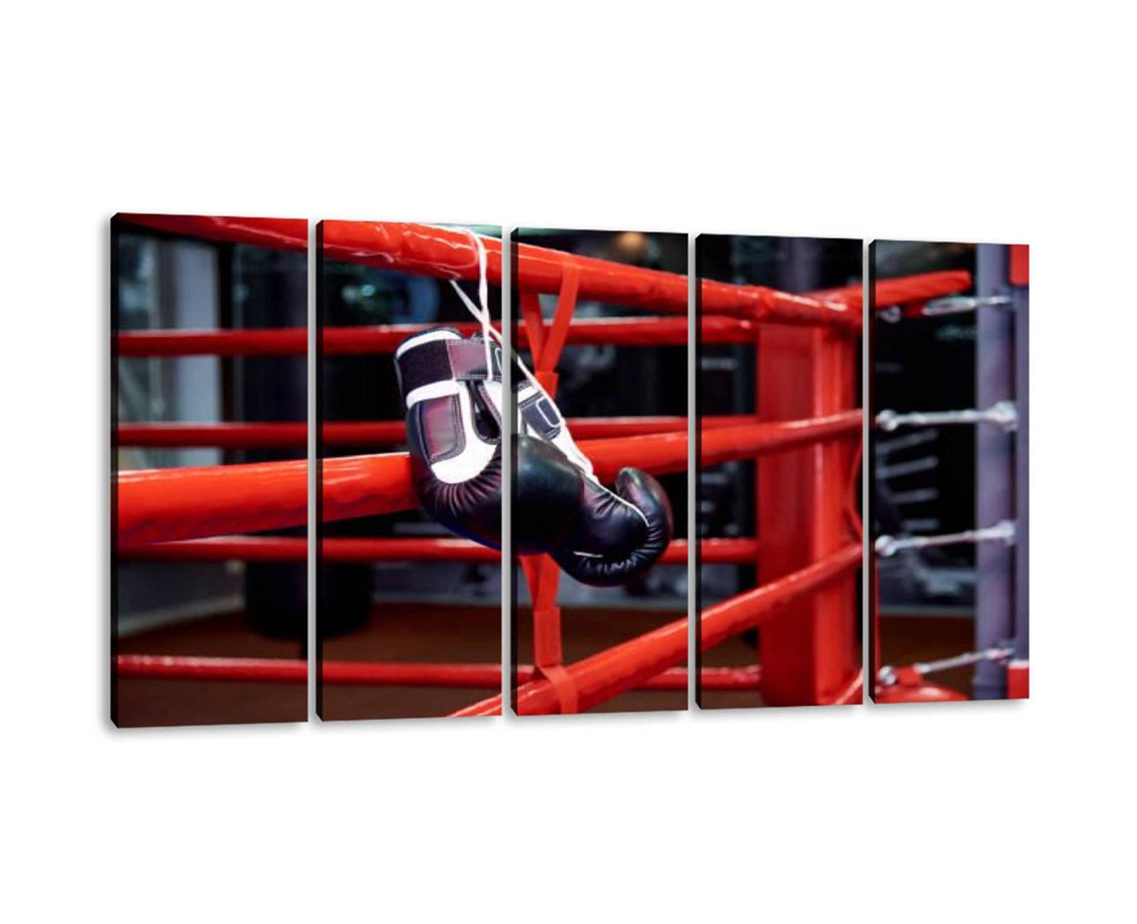 5-Panel Large Canvas Print - Boxing Gloves in Ring with Gym Bags Wall Art, Stretched Framed Poster Picture for Home & Office Decor (60x32 Inches) | Perfect for Boxing Gym, Man Cave, Sports Bar & Fitness Center Wall Decor