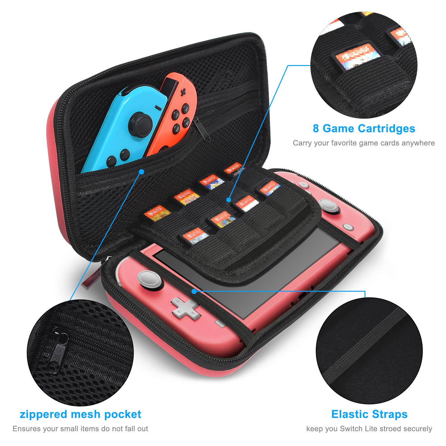 Nintendo Switch Lite Accessories Bundle - Coral Carry Case, TPU Protective Cover, Thumb Grip Covers & Screen Protector | Travel Protection Kit for Gaming on the Go