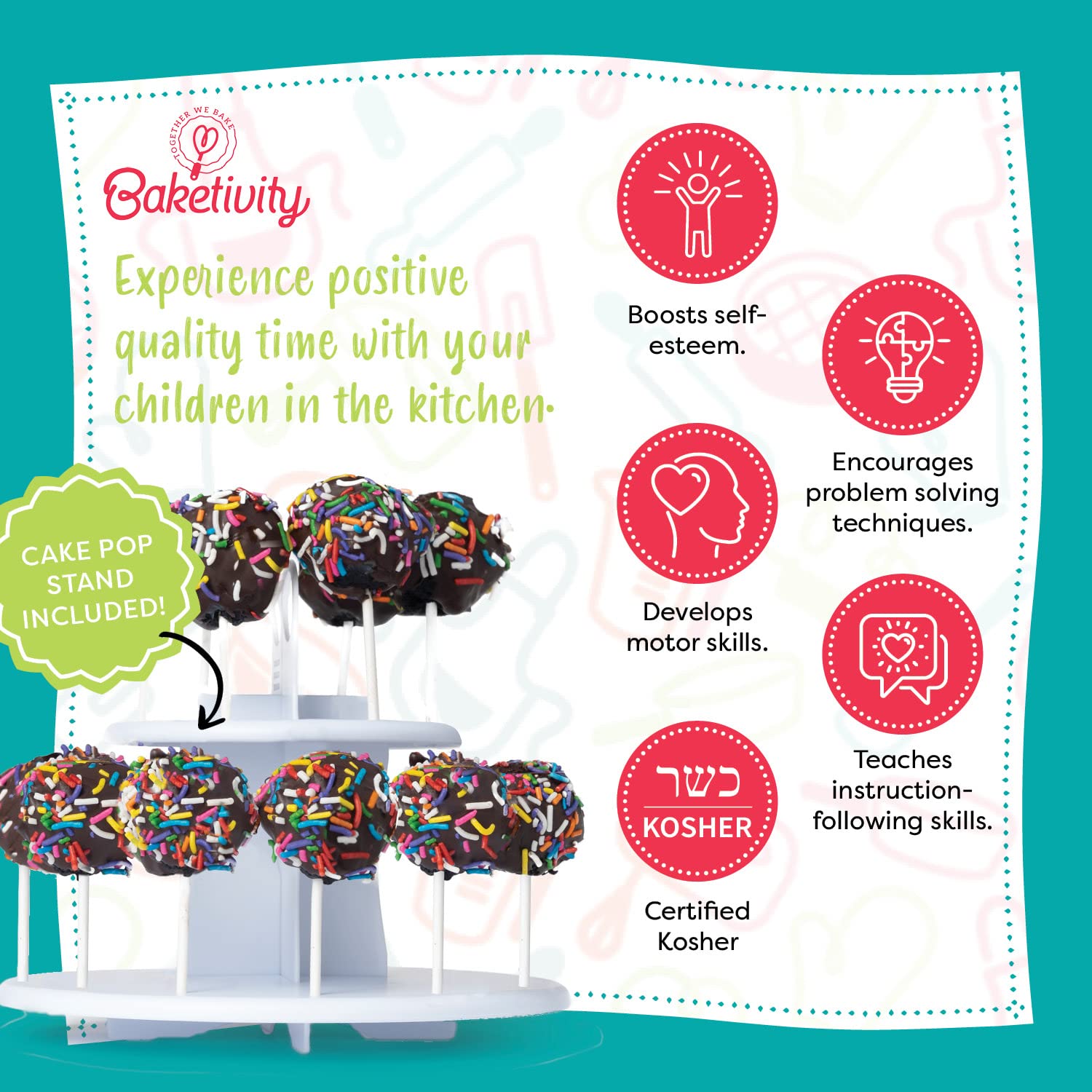 Baketivity Cake Pop Kit - No Mold or Maker Needed, Includes Cake Pop Stand & Baking Tools | Fun Arts & Crafts Baking Set for Kids | Kosher Certified | Perfect for Birthday Parties, School Events & Family Baking Activities