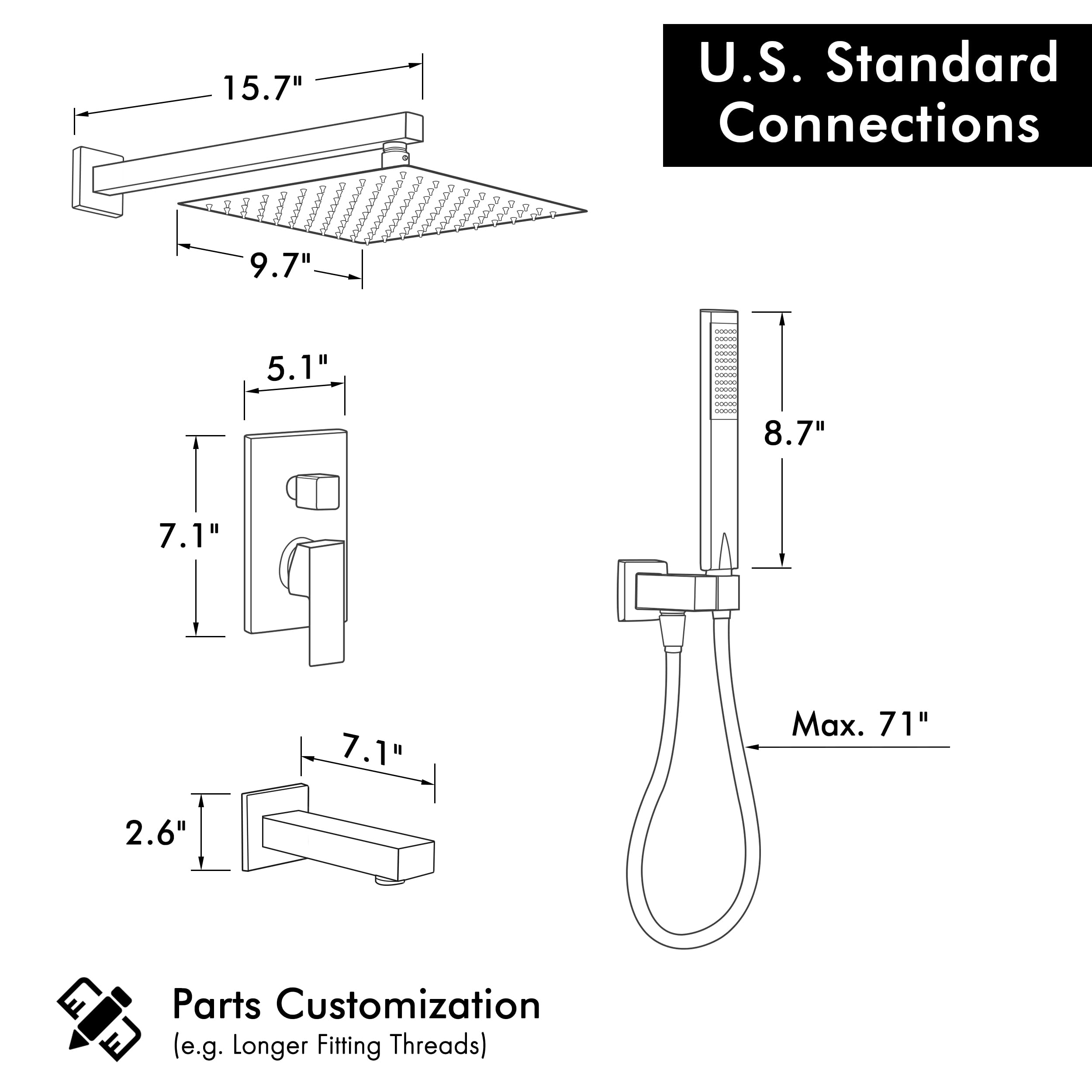 Premium KES Black Shower Faucet Set - Pressure Balancing Shower Valve Trim Kit with 10